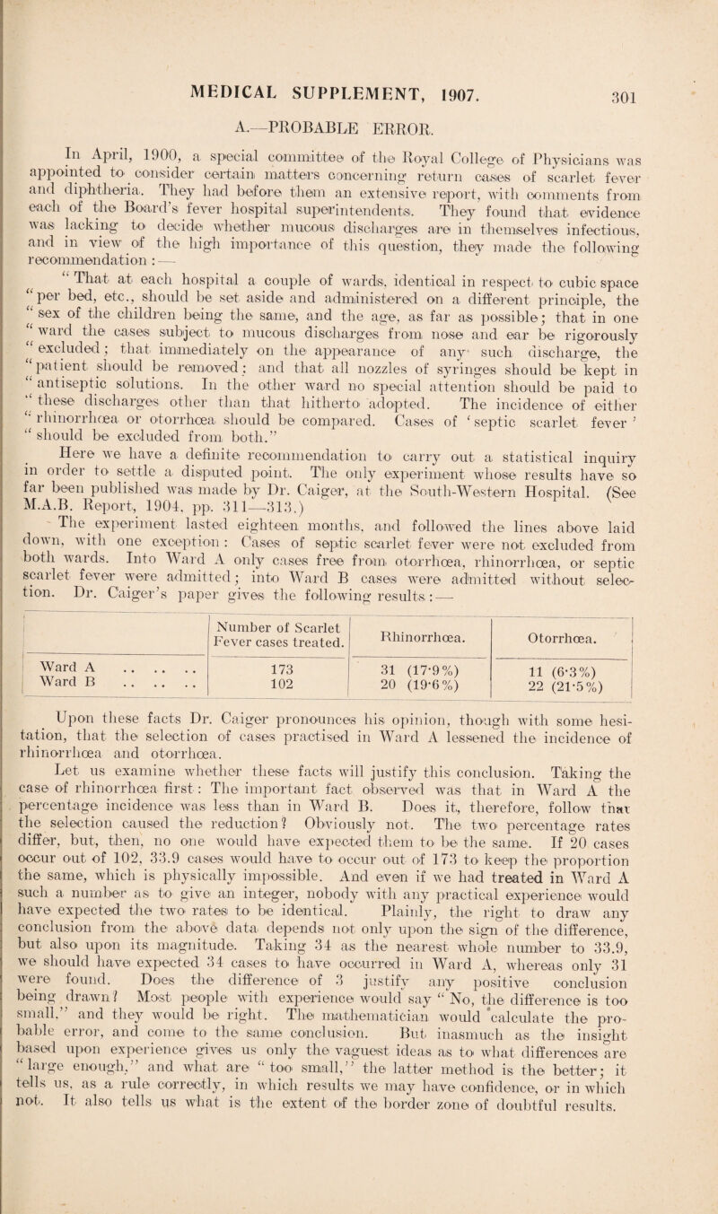 A.—PROBABLE ERROR. In April, 1900, a sp©cia.l committee of the Royal College, of Physicians was appointed to consider certain matters concerning return cases of scarlet fever and diphtheria.. They had before them an extensive report, with comments from each of the Board’s fever hospital superintendents. They found that, evidence was lacking to decide whether mucous discharges are in themselves infections, and in view of the high importance of this question, they made the following recommendation : — That at each hospital a couple of wards, identical in respect, to cubic space aper bed, etc., should be set aside and administered on a different principle, the “ sex of the children being the same, and the age, a.s far as possible; that in one ‘ ward the cases subject to mucous discharges from nose and ear be rigorously excluded; that immediately on the appearance of any such discharge, the “patient should be removed : and that all nozzles of syringes should be kept in “ antiseptic solutions. In the other ward no special attention should be paid to ‘‘ these discharges other than that hitherto, adopted. The incidence of either c‘ rhinorrhoea or otorrhoea, should be compared. Cases of ‘ septic scarlet, fever J u should be excluded from, both.” Here we have a definite recommendation to carry out a statistical inquiry in older to. settle a disputed point.. The only experiment wliO'Se results have so far been published wa.si made by Dr. Cadger, at the South-Western Hospital. (See M.A.B. Report, 1904, pp. 311—313.) The experiment lasted eighteen months, and followed the lines above laid down, with one exception : Cases of septic scarlet fever were not. excluded from both wards. Into Ward A only cases free from otorrhoea, rhinorrhoea, or septic scarlet fever were admitted; into Ward B cases were admitted without selec¬ tion. Dr. Caiger’s paper gives, the following results,: — Number of Scarlet Fever cases treated. Rhinorrhoea. Otorrhoea. Ward A . Ward B . 173 102 31 (17-9%) 20 (19*6%) 11 (6*3%) 22 (21-5%) Upon these facts Dr. Caiger pronounces his. opinion, though with some hesi¬ tation, that the selection of cases practised in Ward A lessened the incidence of rhinorrhoea and otorrhoea. Let us examine whether these facts will justify this conclusion. Taking the case of rhinorrhoea first: The important fact observed wa,s that in Ward A the percentage incidence was lees than in Ward B. Does it, therefore, follow that the selection caused the reduction? Obviously not. The two percentage rates differ, but, then, no one would have expected them to. be the same. If 20 cases occur out of 102, 33.9 cases would have to occur out of 173 to keep the proportion the same, which is physically impossible. And even if we had treated in Ward A such a number as to give a.n integer, nobody with any practical experience would have expected the two rates to be identical. Plainly, the right to draw any conclusion from the above data depends not only upon the sign of the difference, but also upon its magnitude. Taking 34 as the nearest whole number to 33.9, we should have expected 34 cases to have occurred in Ward A, whereas only 31 verei found. Does the difference of 3 justify any positive conclusion being drawn? Most people with experience would say “ No, the difference is too small,” and they would be right. The mathematician, would calculate the pro¬ bable error, and come to the same conclusion. But inasmuch as the insight based upon experience gives, us only the vaguest iclea.s a.s to what differences are “large enough,” and what are “too small,” the latter method is the better; it tells us, as a rule correctly, in which results we may have confidence, or in which not.. It also tells us what is the extent of the border zone of doubtful results.