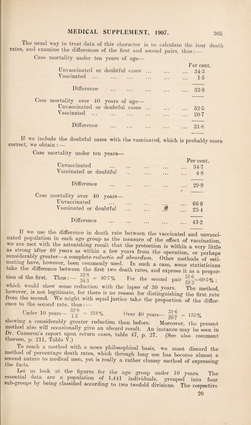 The usual way to treat data of this character is to calculate the, four death rates, and examine the differences of the first and second pairs, thus :_ Case mortality under ten years of age— Per cent. Unvaccinated or doubtful cases Vaccinated ... . Difference . Case mortality over 40' years of age— Unvaccinated or doubtful cases Vaccinated ... . Difference . ... 34-3 1-5 ... 32-8 ... 52-5 ... 20-7 31-8 If we include the doubtful cases with the vaccinated, which is probably more correct, we obtain : — Case mortality under ten years- Unvaccinated Vaccinated or doubtful Difference Case mortality over 40 years- Unvaccinated Vaccinated or doubtful Difference Per cent. . 34-7 . 4-8 29-9 66-6 23-4 43-2 If we use the difference in death rate between the vaccinated and unvacci¬ nated population in each age group as the measure of the effect of vaccination we are met with the astonishing result that the protection is within a very little as strong after 40 years as within a few years from, the operation, or perhaps considerably greater—a complete reductio ad absurdum. Other methods of esti¬ mating have, however, been commonly used. In such a case, some statisticians tahe the difference between the first two death rates, and express it as a propor¬ tion of the first. Thus : 32-8 34-3 - 95*7% For the second pair ^=60-5% ; which would show some reduction with the lapse of 30 years. The method however, is not legitimate, for there is no reason for distinguishing the first rate from the second. We might with equal justice ta,ke the proportion of the differ¬ ence to the second rate, thus : -—- Under 10 years— ^3 = 218% Over 40 years- 31-6 153% 1.5  “ ' ^ 2{yj showing a, considerably greater reduction than before. Moreover, the present method also will occasionally give an absurd result. An instance may be seen in Ur. Cameron’s report upon return cases, table 47, p. 27. (See also comment thereon, p. 211, Table V.) To reach a method with a more philosophical basis, we must discard the method of percentage death rates, which through long use has become almost a second nature to medical men, yet is really a rather clumsy method of expressing Let us look at the figures for the age group under 10 years. The essential data, are a population of 1,441 individuals, grouped into four sub-groups by being classified according to two twofold divisions. The respective 20