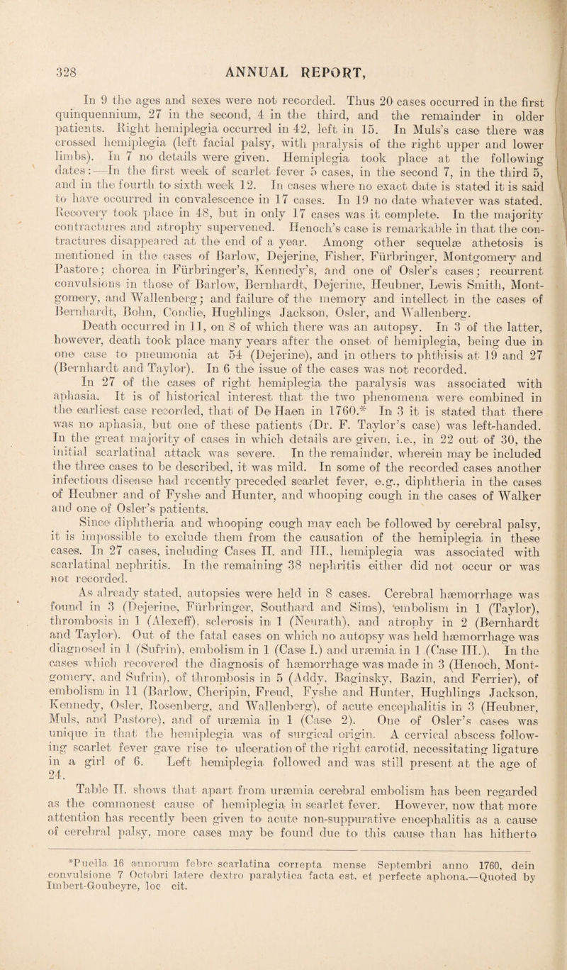 In 9 the ages and sexes, were not recorded. Thus 20 cases occurred in the first quinquennium, 27 in the second, 4 in the third, and the remainder in older patients. Right, hemiplegia occurred in 42, left in 15. In Muls’s case there was crossed hemiplegia (left facial palsy, with paralysis of the right upper and lower limbs). In 7 no details were given. Hemiplegia took place at the following dates:—In the first, week of scarlet fever 5 cases, in the second 7, in the third 5, and in the fourth to sixth week 12. In cases where no exact date is stated it is said to have occurred in convalescence in 17 cases. In 19 no date whatever was, stated. Recovery took place in 48, but in only 17 cases was it complete. In the majority contracture,si and atrophy supervened. Henoch’s case is remarkable in that the con¬ tractures disappeared at the end of a year. Among other sequelae athetosis is mentioned in the cases of Barlow, Dejerine, Fisher, Fiirbringer, Montgomery and Pastor eg chorea in Furbringer’s, Kennedy’s, and one of Osier’s cases; recurrent convulsions in those of Barlow, Bernhardt,, Dejerine, Heubner, Lewis Smith, Mont¬ gomery, and Wallenberg; and failure of the memory and intellect in the oases of Bernhardt, Bohn, Condie, Hughlings. Jackson, Osier, and Wallenberg. Death occurred in 11, on 8 of which there was an autopsy. In 3 of the latter, however, death took place many years after the onset of hemiplegia, being due in one case to pneumonia at 54 (Dejerine), and in others to phthisis, at 19 and 27 (Bernhardt and Taylor). In 6 the issue of the cases was not recorded. In 27 of the cases of right hemiplegia the paralysis was associated with aphasia. It is of historical interest that the two phenomena, were combined in the earliest case recorded, that of De Haem in 1760.* In 3 it is stated that there was no aphasia, but one of these patients (Dr. F. Taylor’s case) was leftdmnded. In the great majority of cases in which details are given, i.e., in 22 out of 30, the initial scarlatinal attack was severe. In the remainder, wherein may be included the three cases to be described, it was mild. In some of the recorded cases another infectious disease had recently preceded scarlet fever, e.g., diphtheria in the cases of Heubner and of Fyshe and Hunter, and whooping cough in the cases of Walker and one of Osier’s patients. Since diphtheria, and whooping cough may each be followed by cerebral palsy, it is impossible to exclude them from the causation of the hemiplegia in these cases. In 27 cases, including Cases II. and III., hemiplegia was associated with scarlatinal nephritis. In the remaining 38 nephritis either did not occur or was not recorded. As already stated, autopsies were held in 8 cases. Cerebral haemorrhage was found in 3 (Dejerine, Fiirbringer, Southard and Sims), 'embolism in 1 (Taylor), thrombosis in 1 (Alexeff), sclerosis in, 1 (Neurath), and atrophy in 2 (Bernhardt and Taylor). Out of the fatal cases on which no autopsy was held haemorrhage was diagnosed in 1 (Sufrin), embolism in 1 (Case I.) and uraemia, in 1 (Case III.). In the cases which recovered the diagnosis of haemorrhage was made in 3 (Henoch, Mont¬ gomery, and Sufrin), of thrombosis in 5 (Adefy, Baginsky, Bazin, and Ferrier), of embolism! in 11 (Barlow, Cheripin, Freud, Fyshe and Hunter, Hughlings Jackson, Kennedy, Osier, Rosenberg, and Wallenberg), of acute encephalitis in 3 (Heubner, Muls, and Pasture), and of uraemia in 1 (Case 2). One of Osier’s oases was unique in that the hemiplegia was of surgical origin. A cervical abscess follow¬ ing scarlet fever gave rise to ulceration of the right carotid, necessitating ligature in a girl of 6. Left hemiplegia, followed and was still present at the age of 24. Table II. shows that apart from uraemia cerebral embolism has been regarded as the commonest cause of hemiplegia, in scarlet fever. However, now that more attention has recently been given to acute non-suppurative encephalitis as a. cause of cerebral palsy, more cases may be found due to this cause than has hitherto *Puell.a 16 'amiro rum febre scarlatina correpta men sc Sept.embri anno 1760, dein convulsione 7 Octobri latere dextro paralytica facta est, et perfecte apbona.—Quoted by Imbert-Goubeyre, loc cit.