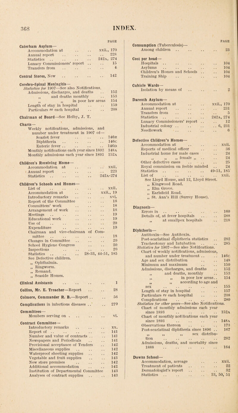 Caterham Asylum— PAGE Accommodation at xxii., 170 Annual report 228 Statistics 242a, 274 Lunacy Commissioners’ report .. 15 Transfers from 4 Central Stores, New. 142 PAGE Consumption (Tuberculosis)— Among children 23 Cost per head— Hospitals .. 104 Asylums 104 Children’s Homes and Schools .. 104 Training Ship 104 Cerebro-Spinal Meningitis— Statistics for 1907—See also Notifications. Admissions, discharges, and deaths 152 „ and deaths monthly 153 „ ,, in poor law areas 154 Length of stay in hospital 159 Particulars re each hospital 208 Chairman of Board—See Helby, J. T. Charts— Weekly notifications, admissions, and number under treatment in 1907 of— Scarlet fever .. 146b Diphtheria .. 146c Enteric fever .. . . 146d Monthly notifications each year since 1893 148a Monthly admissions each year since 1893 152a Children’s Receiving Home- Accommodation at xxii. i Annual report 223 Statistics 242A-274 Children’s Schools and Homes— List of xxii. Accommodation at xxii., 19 Introductory remarks xvi. Report of the Committee 18 Committees’ work 18 Arrangement of work 18 Meetings 19 Educational work 19 Use of 20 Expenditure 19 Chairman and vice-chairman of Com- mittee 18 Changes in Committee 20 School Hygiene Congress 20 Inspections 20 Statistics .. .. .. 28-33, 44-51, 185 See Defective children. „ Ophthalmia. „ Ringworm. ,, Remand. ,, Seaside Homes. Clinical Assistants .. .. .. .. 1 Collins, Mr. E. Treacher—Report .. .. 28 Coimore, Commander R. B.—Report .. .. 56 Complications in infectious diseases ..' .. 279 Committees— Members serving on , .. .. .. vi. Contract Committee— Introductory remarks .. .. .. xx. Report of .. .. .. .. .. 141 Humber and value of contracts .. .. 141 Newspapers and Periodicals .. .. 141 Provisional acceptance of Tenders .. 142 Miscellaneous supplies .. .. .. 142 Waterproof sheeting supplies .. .. 142 Vegetable and fruit supplies .. .. 143 New store premises .. .. .. 142 Additional accommodation .. .. 142 Institution of Departmental Committee 143 Analyses of contract supplies ,, ,. 143 Cubicle Wards— Isolation by means of Darenth Asylum— Accommodation at Annual report Transfers from Statistics Lunacy Commissioners’ report Industrial colony Needlework xxii., 170 231 5 242a, 274 12 .. 6, 231 6 Defective Children’s Homes— Accommodation at .. .. .. xxii. Reports of medical officer .. .. 36 Industrial home for male cases .. 24 „ „ „ female „ .. .. 24 Other defective cases .. .. .. 25 R,oyal commission on feeble minded .. 24 Statistics .. .. .. .. 49-51, 185 List of .. .. .. .. .. xxii. See Lloyd House, and 12, Lloyd Street. ,, Kingwood Road. „ Elm Grove. „ Earlsfield Road. ,, St. Ann’s Hill (Surrey House). Diagnosis— Errors in Details of, at fever hospitals ,, at smallpox hospitals 160 288 218 Diphtheria— Antitoxin—See Antitoxin. Post-scarlatinal diphtheria statistics Tracheotomy and Intubation Statistics for 1907—See also Notifications. Chart of weekly notifications, admissions, and number under treatment .. Age and sex distribution Minimum and maximum Admissions, discharges, and deaths ,, and deaths, monthly „ „ in poor law areas. ,, according to age and 282 285 146c 148 150 152 153 154 » >> sex Length of stay in hospital Particulars re each hospital Complications Statistics for other years—See also Notifications. Chart of monthly admissions each year since 1893 Chart of monthly notifications each year since 1893 Observations thereon Post-scarlatinal diphtheria since 1896 .. ,, ,, ,, sex distribu¬ tion Admissions, deaths, and mortality since 1888 . 164 155 157 208 280 152a 148 a 173 167 282 Downs School— Accommodation, acreage Treatment of patients Dermatologist’s report Statistics .. xxu. 22 32 33, 50, 51