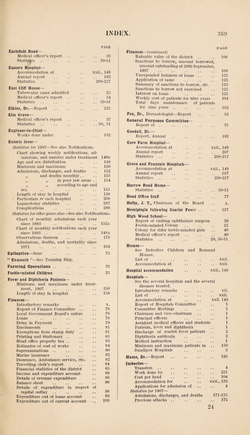 Earlsfield Road- Medical officer’s report Statistics Eastern Hospital— Accommodation at Annual report Statistics East Cliff House— Tubercular cases admitted Medical officer’s report Statistics Elkins, Dr.—Report Elm Grove—- Medical officer’s report Statistics Engineer-in-Chief— Works done under PAGE 38 .. 50-51 xxii., 149 192 208-217 23 34 . . 50-51 225 37 . . 50, 51 132 Enteric fever— Statistics for 1907—See also Notifications. Chart showing weekly notifications, ad¬ missions, and number under treatment 146d Age and sex distribution .. .. 148 Minimum and maximum .. .. 150 Admissions, discharges, and deaths .. 152 ,, and deaths monthly.. .. 153 ,, „ in poor law areas .. 154 ,, ,, according to age and sex .. .. .. .. .. 155 Length of stay in hospital .. .. 158 Particulars re each hospital .. .. 208 Laparotomy statistics .. .. .. 287 Complications .. .. .. .. 280 Statistics for other years also—See also Notifications. Chart of monthly admissions each year since 1893 .. .. .. .. 152a Chart of monthly notifications each year since 1893 148A Observations thereon 173 Admissions, deaths, and mortality since 1871 . 164 Epileptics—Sane 75 “ Exmouth ”—See Training Ship. Farming Operations . . 76 Feeble-minded Children . . 23 Fever and Diphtheria Patients— Minimum and maximum under treat¬ ment, 1907 150 Length of stay in hospital • - 156 Finances— Introductory remarks X. Report of Finance Committee .. 78 Local Government Board’s orders 78 Loans 78 Delay in Payment 79 Emoluments 81 Exemptions from stamp duty 81 Printing and Stationery 83 Head office property tax 83 Estimates of cost of works 84 Superannuations 80 Marine insurance 82 Insurance, Ambulance service, etc. 82 Travelling clerk’s report 84 Financial statistics of the district 85 Income and expenditure account 86 Details of revenue expenditure 88 Balance sheet 96 Details of expenditure in respect capital outlay of 98 Expenditure out of loans account 99 Expenditure out of current account 100 Finances—(continued) Rateable value of the district Sanctions to borrow, amount borrowed, amount outstanding at 29th September, 1907 . Unexpended balances of loans Application of same Summary of sanctions to borrow, etc. Sanctions to borrow not exercised Interest on loans Weekly cost of patients for nine years Total days maintenance of patients PAGE 106 108 121 122 123 125 125 104 for nine years 102 Fox, Dr., Dermatologist—Report 32 General Purposes Committee— Report of .. 75 Goodall, Dr.— Report, Annual 192 Gore Farm Hospital— Accommodation at xxii., 149 Annual report 207 Statistics 208-217 Grove and Fountain Hospitals— Accommodation at xxii., 149 Annual report 197 Statistics 208-217 Harrow Road Home— Statistics .. 50-51 Head Office Staff 77 Helby, J. T., Chairman of the Board X. Hemiplegia foliowing Scarlet Fever .. 327 High Wood School— Report of visiting ophthalmic surgeon 28 Feeble-minded Colony 21 Colony for elder feeble-minded girls 40 Medical officer’s report 40 Statistics 29, 50-51 Homes— See Defective Children and Remand Homes. List of xxii. Accommodation at xxii. Hospital accommodation xxii., 149 Hospitals— See the several hospitals and the several diseases treated. Introductory remarks xii. List of .. xxii. Accommodation at xxii. 149 Report of Hospitals Committee 1 Committee Meetings 1 Chairman and vice-chairman 1 Principal officers .. 1 Assistant medical officers and students 1 Patients, fever and diphtheria 1 Discharge of scarlet fever patients 2 Diphtheria antitoxin 2 Medical instruction 1 Minimum and maximum patients in 150 Smallpox Hospitals 3 Hume, Dr.—Report. 195 Imbeciles— Transfers 4 Work done by 231 Cost per head 104 Accommodation for xxii., 170 Applications for admission of 4 Statistics for 1907— Admissions, discharges, and deaths 171-175 Previous attacks .. .. 172 24