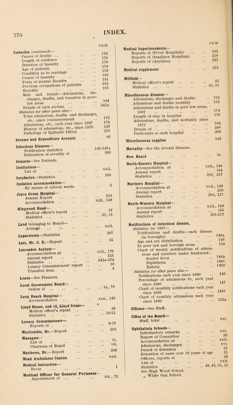 PAGE Imbeciles (continued)— Causes of deaths .. Length of residence Duration of insanity Age of patients .. . Condition as to marriage Causes of insanity Form of mental disorder Previous occupations of patients Heredity • • • •. . *1 '' Male and female—Admissions, dis¬ charges, deaths, and transfers in poor- law areas Details of each asylum. Statistics for other years also— Total admissions, deaths and discharges, etc., since commencement Admissions, etc., each year since 1897 History of admissions, etc., since 1870 Pathology of Epileptic Idiocy income and Expenditure Account 176 178 178 179 179 180 181 182 183 184 242A 172 174 197 335 86 PAGE Medical Superintendents— Reports of (Fever Hospitals) Reports of (Smallpox Hospitals) Reports of (Asylums) 192 218 221 Medical supplement .. 275 Millfield— Medical officer’s report Statistics 35 .. 50,51 Miscellaneous diseases— Admissions, discharges and deaths Admissions and deaths monthly Admissions and deaths in poor law areas, 1907 . Length of stay in hospital - • Admissions, deaths, and mortality since 1871 . Details of .. Particulars re each hospital Miscellaneous supplies 152 153 154 159 164 288 208 142 Infectious Diseases— Notification statistics Estimation of severity of Inmates—See Patients. Institutions— List of Intubation—Statistics Isolation accommodation— By means of cubical wards Joyce Green Hospital Annual Report Accommodation Kingwood Road— Medical officer’s report .. Statistics 145-147A .. 300 xxii. 285 Mortality—See the several diseases. New Board North-Eastern Hospital— Accommodation at Annual report Statistics ix. xxii., 149 194 208, 217 2 218 xxii., 149 37 .. 50, 51 Northern Hospital— Accommodation at Annual report Statistics North-Western Hospital- Accommodation at Annual report Statistics xxii., 149 206 208, 217 xxii., 149 195 208-217 Land belonging to Board— xxii. Acreage Laparotomy—Statistics 287 Last, Mr. C. E.—Report .. 35 Leavesden Asylum xxii., 170 225 Accommodation at Annual report Statistics * • — *— < J 242A-274 10 A Lunacy Commissioners’ report .. Transfers from ^ T Loans—See Finances. Local Government Board— Orders of .. .. xi., 78 Long Reach Hospital- Accommodation xxii., 149 Lloyd House, and 12, Lloyd Street Medical officer’s report Statistics & 36 .. 50-51 Lunacy Commissioners— Reports of .. MacCombie, Dr.—Report .. 9-17 .. 203 Managers— List of Chairman of Board .. vi. vii. Matthews, Dr.—Report 206 Mead Ambulance Station .. xxii. Medical instruction— Fever 1 Medical Officer for General Purposes Appointment of xix., 75 lotifications of infectious disease, Statistics for 1907— Notificatious and deaths—each disease (in boroughs) Age and sex distribution In poor law and borough areas Chart of weekly notifications of admis¬ sions and numbers under treatment: Scarlet fever . Diphtheria Enteric Statistics for other years also— Notifications each year since 1890 Percentage of admissions to, each year since 1890 Chart of monthly notifications each year since 1893 Chart of monthly admissions each year since 1893 Officers—See Staff. 146a 148 154 146B 146C 146D 146 147 146F 152a Office of the Board- Staff, total . Ophthalmia Schools— Introductory remarks Report of Committee Accommodation at Admissions, discharges Period of detention Retention of cases over 16 years of age Officers, reports of . Statistics .. •. • • .. as, See High Wood School. „ White Oak School. xxi. XVI. 20 xxii. xvi. 21 21 28 xxii. 50, 51