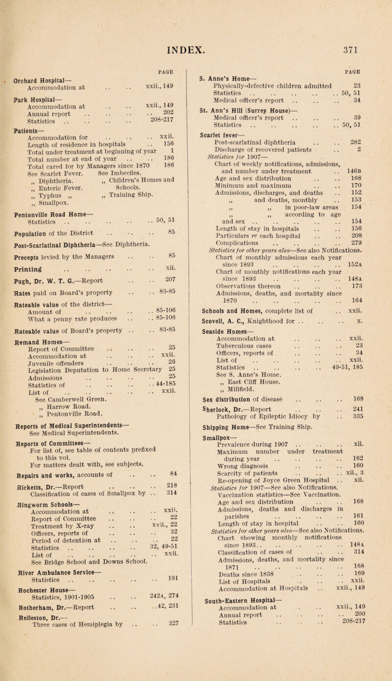 Orchard Hospital— Accommodation at Park Hospital— Accommodation at Annual report Statistics Patients— Accommodation for Length of residence in hospitals Total under treatment at beginning of year Total number at end of year Total cared for by Managers since 1870 PAGE xxii., 149 xxii., 149 202 208-217 xxii. 156 1 186 186 See Scarlet Fever. ,, Diphtheria. „ Enteric Fever. „ Typhus „ „ Smallpox. Pentonville Road Home- Statistics See Imbeciles. Children’s Homes and Schools. Training Ship. .. 50, 51 Population of the District Post-Scarlatinal Diphtheria—See Diphtheria. Precepts levied by the Managers Printing Pugh, Dr. W. T. G.— Report Rates paid on Board’s property Rateable value of the district— Amount of What a penny rate produces Rateable value of Board’s property .. 85 85 xii. 207 83-85 85-106 85-106 83-85 25 xxii. 26 Remand Homes— Report of Committee Accommodation at Juvenile offenders Legislation Deputation to Home Secretary 25 Admissions .. .. • • ■ • 25 Statistics of .. .. • • • • 44-185 List of .xxii- See Camberwell Green. ,, Harrow Road. ,, Pentonville Road. Reports of Medical Superintendents— See Medical Superintendents. Reports of Committees— For list of, see table of contents prefixed to this vol. For matters dealt with, see subjects. Repairs and works, accounts of Ricketts, Dr.—Report Classification of cases of Smallpox by 84 218 314 Ringworm Schools— Accommodation at xxu. Report of Committee 22 Treatment by X-ray xvii., 22 Officers, reports of 32 Period of detention at 22 Statistics 32, 49-51 List of xxii. See Bridge School and Downs School. River Ambulance Service— Statistics 191 Rochester House— Statistics, 1901-1905 242a, 274 Rotherham, Dr.—Report . .42, 231 Rolleston, Dr.— Three cases of Hemiplegia by .. •. 327 PAGE S. Anne’s Home— Physically-defective children admitted 23 Statistics .. .. .. .. .. 50, 51 Medical officer’s report .. .. .. 34 St. Ann’s Hill (Surrey House)— Medical officer’s report .. .. .. 39 Statistics .. .. .. .. .. 50, 51 Scarlet fever— Post-scarlatinal diphtheria .. .. 282 Discharge of recovered patients .. 2 Statistics for 1907— Chart of weekly notifications, admissions, and number under treatment .. 146b Age and sex distribution .. .. 168 Minimum and maximum .. .. 170 Admissions, discharges, and deaths .. 152 ,, and deaths, monthly .. 153 ,, „ in poor-law areas 154 „ „ according to age and sex .. .. .. .. .. 154 Length of stay in hospitals .. .. 156 Particulars re each hospital .. .. 208 Complications .. .. .. .. 279 Statistics for other years also—See also Notifications. Chart of monthly admissions each year since 1893 .. .. .. .. 152a Chart of monthly notifications each year since 1893 .. .. .. .. 148a Observations thereon .. .. .. 173 Admissions, deaths, and mortality since 1870 . 164 Schools and Homes, complete list of .. xxii. Scovell, A. C., Knighthood for .. .. .. x. Seaside Homes— Accommodation at .. .. .. xxii. Tuberculous cases .. .. .. 23 Officers, reports of .. .. .. 34 List of .xxii. Statistics .. .. .. .. 49-51, 185 See S. Anne’s Home. „ East Cliff House. „ Millfleld. Sex distribution of disease .. .. .. 168 Sherlock, Dr.—Report .. .. .. 241 Pathology of Epileptic Idiocy by .. 335 Shipping Home—See Training Ship. Smallpox— Prevalence during 1907 Maximum number under treatment during year Wrong diagnosis Scarcity of patients Re-opening of Joyce Green Hospital .. Statistics for 1907—See also Notifications. Vaccination statistics—See Vaccination. Age and sex distribution Admissions, deaths and discharges in parishes Length of stay in hospital Statistics for other years also—See also Notifications. Chart showing monthly notifications XU. 162 160 xii., 3 xii. 168 161 160 since 1893.. .. .. .. .. 148a Classification of cases of .. .. 314 Admissions, deaths, and mortality since 1871 .168 Deaths since 1838 . . .. .. 169 List of Hospitals . . .. .. xxii. Accommodation at Hospitals .. xxii., 149 South-Eastern Hospital- Accommodation at . . .. xxii., 149 Annual report .. . . • • • • 200 Statistics • • ■ ■ • • 208-217