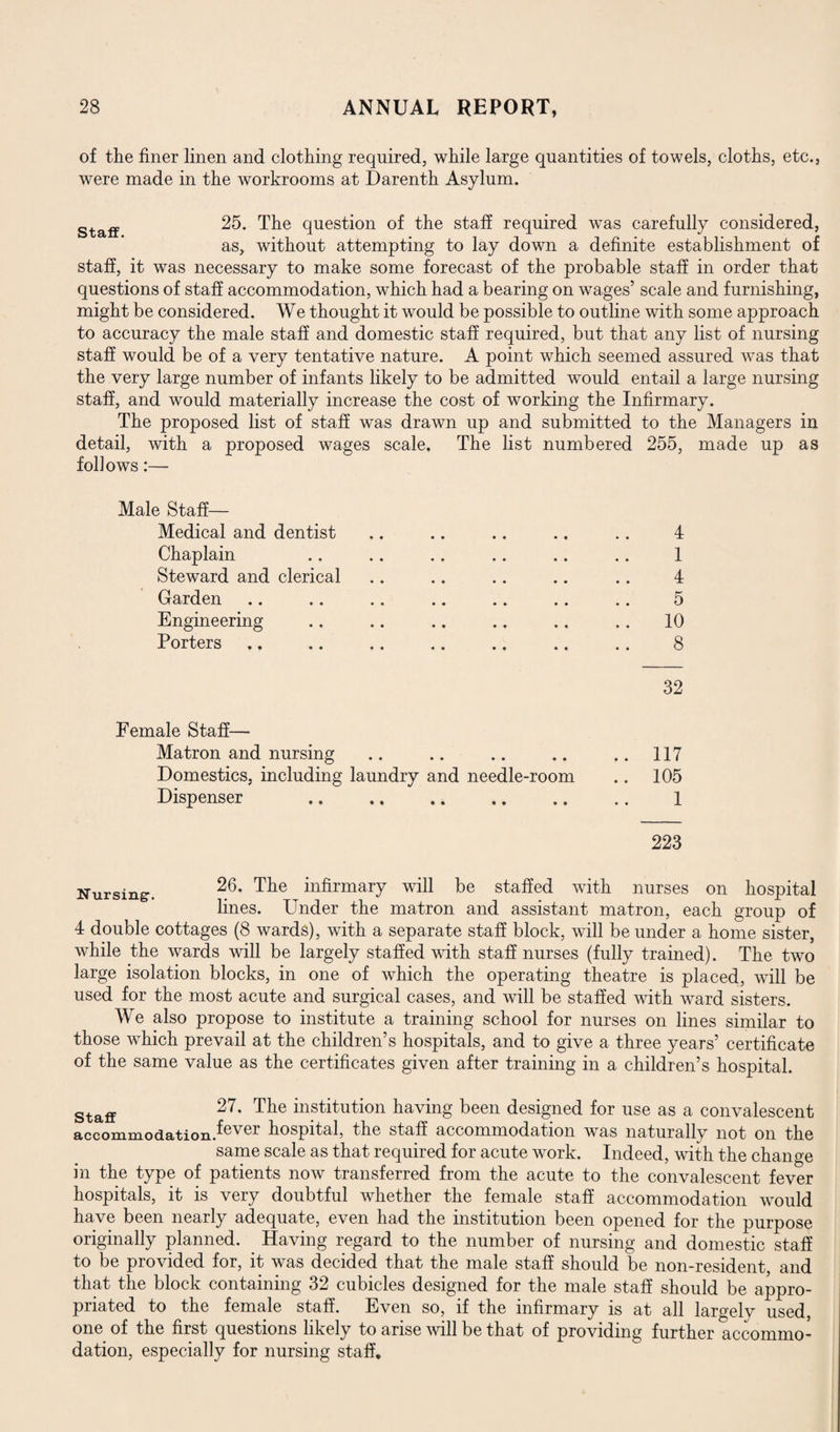 of the finer linen and clothing required, while large quantities of towels, cloths, etc., were made in the workrooms at Darenth Asylum. Staff. 25. The question of the staff required was carefully considered, as, without attempting to lay down a definite establishment of staff, it was necessary to make some forecast of the probable staff in order that questions of staff accommodation, which had a bearing on wages’ scale and furnishing, might be considered. We thought it would be possible to outline with some approach to accuracy the male staff and domestic staff required, but that any list of nursing staff would be of a very tentative nature. A point which seemed assured was that the very large number of infants likely to be admitted would entail a large nursing staff, and would materially increase the cost of working the Infirmary. The proposed list of staff was drawn up and submitted to the Managers in detail, with a proposed wages scale. The list numbered 255, made up as follows:— Male Staff— Medical and dentist Chaplain Steward and clerical Garden Engineering Porters 4 1 4 5 10 8 Pemale Staff— Matron and nursing Domestics, including laundry and needle-room Dispenser . 32 117 105 1 223 Nursing-. 26* Tlie infirmary will be staffed with nurses on hospital lines. Under the matron and assistant matron, each group of 4 double cottages (8 wards), with a separate staff block, will be under a home sister, while the wards will be largely staffed with staff nurses (fully trained). The two large isolation blocks, in one of which the operating theatre is placed, will be used for the most acute and surgical cases, and will be staffed with ward sisters. We also propose to institute a training school for nurses on lines similar to those which prevail at the children’s hospitals, and to give a three years’ certificate of the same value as the certificates given after training in a children’s hospital. staff 27. The institution having been designed for use as a convalescent accommodation.fevei hospital, the staff accommodation was naturally not on the same scale as that required for acute work. Indeed, with the change in the type of patients now transferred from the acute to the convalescent fever hospitals, it is very doubtful whether the female staff accommodation would have been nearly adequate, even had the institution been opened for the purpose originally planned. Having regard to the number of nursing and domestic staff to be provided for, it was decided that the male staff should be non-resident, and that the block containing 32 cubicles designed for the male staff should be appro¬ priated to the female staff. Even so, if the infirmary is at all largely used, one of the first questions likely to arise mil be that of providing further accommo¬ dation, especially for nursing staff.