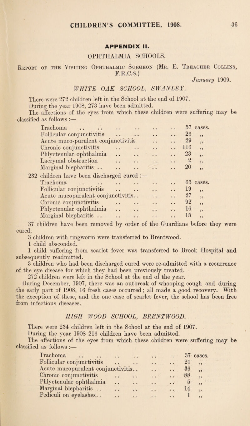 APPENDIX II. OPHTHALMIA SCHOOLS. Report of the Visiting Ophthalmic Surgeon (Mr. E. Treacher Collins, F.R.C.S.) January 1909. WHITE OAK SCHOOL, SWAN LEY. There were 272 children left in the School at the end of 1907. During the year 1908, 273 have been admitted. The affections of the eyes from which these children were suffering may be classified as follows :— Trachoma .. 57 cases. Follicular conjunctivitis .. 26 55 Acute muco-purulent conjunctivitis .. 29 55 Chronic conjunctivitis .. 116 55 Phlyctenular ophthalmia .. 23 55 Lacrymal obstruction 2 55 Marginal blepharitis .. 20 55 children have been discharged cured :— Trachoma .. 63 cases. Follicular conjunctivitis .. 19 55 Acute mucopurulent conjunctivitis.. .. 27 55 Chronic conjunctivitis .. 92 55 Phlyctenular ophthalmia 16 55 Marginal blepharitis .. .. 15 55 37 children have been removed by order of the Guardians before they were cured. 3 children with ringworm were transferred to Brentwood. 1 child absconded. 1 child suffering from scarlet fever was transferred to Brook Hospital and subsequently readmitted. 3 children who had been discharged cured were re-admitted with a recurrence of the eye disease for which they had been previously treated. 272 children were left in the School at the end of the year. During December, 1907, there was an outbreak of whooping cough and during the early part of 1908, 16 fresh cases occurred; all made a good recovery. With the exception of these, and the one case of scarlet fever, the school has been free from infectious diseases. HIGH WOOD SCHOOL, BRENTWOOD. There were 234 children left in the School at the end of 1907. During the year 1908 216 children have been admitted. The affections of the eyes from which these children were suffering may be classified as follows :— Trachoma .. 37 cases. Follicular conjunctivitis .. 21 55 Acute mucopurulent conjunctivitis.. .. 36 55 Chronic conjunctivitis .. 88 55 Phlyctenular ophthalmia 5 55 Marginal blepharitis .. 14 55 Pediculi on eyelashes.. • • 1 55