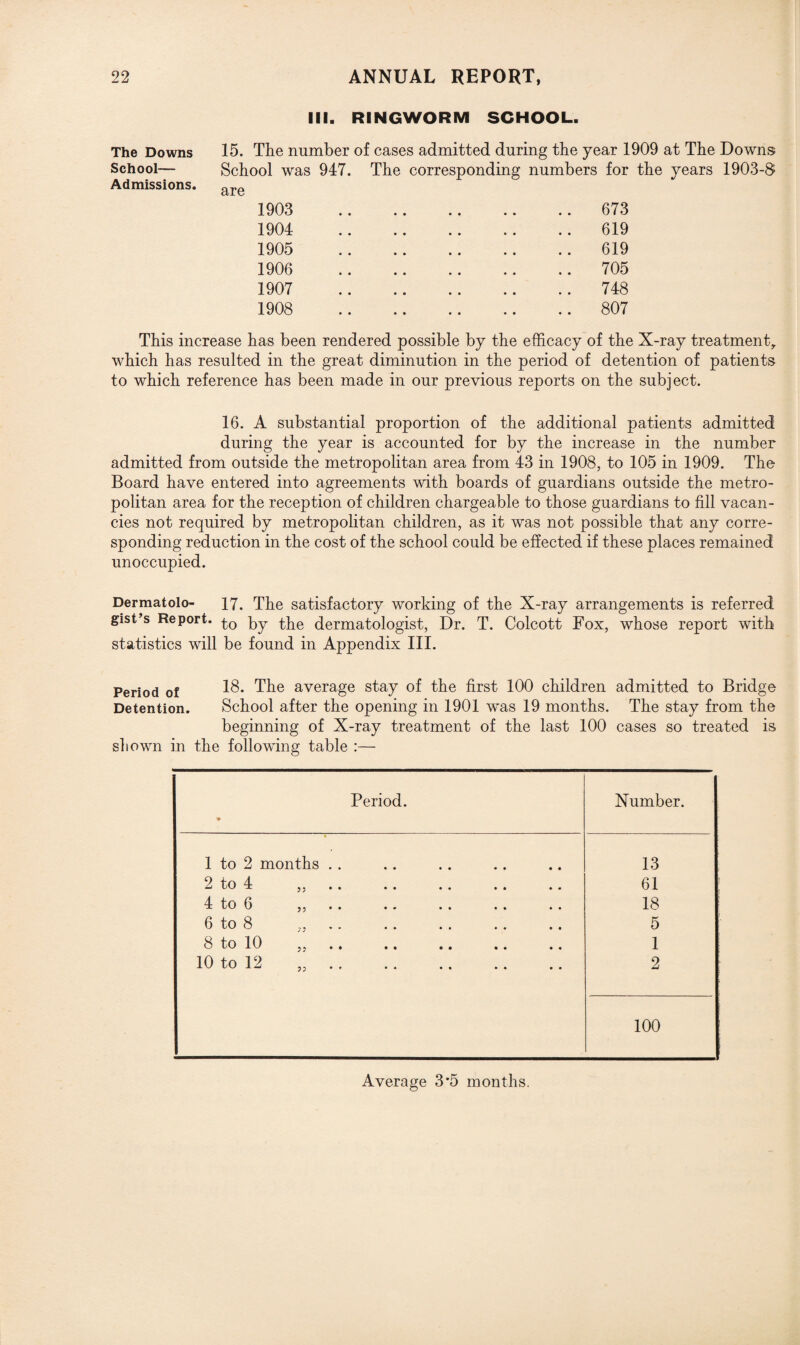 III. RINGWORM SCHOOL. The Downs School— Admissions. 15. The number of cases admitted during the year 1909 at The Downs School was 947. The corresponding numbers for the years 1903-8 are 1903 1904 1905 1906 1907 1908 673 619 619 705 748 807 This increase has been rendered possible by the efficacy of the X-ray treatment,, which has resulted in the great diminution in the period of detention of patients to which reference has been made in our previous reports on the subject. 16. A substantial proportion of the additional patients admitted during the year is accounted for by the increase in the number admitted from outside the metropolitan area from 43 in 1908, to 105 in 1909. The Board have entered into agreements with boards of guardians outside the metro¬ politan area for the reception of children chargeable to those guardians to fill vacan¬ cies not required by metropolitan children, as it was not possible that any corre¬ sponding reduction in the cost of the school could be effected if these places remained unoccupied. Dermatolo- 17. The satisfactory working of the X-ray arrangements is referred gist’s Report. py the dermatologist, Dr. T. Colcott Fox, whose report with statistics will be found in Appendix III. Period of 18. The average stay of the first 100 children admitted to Bridge Detention. School after the opening in 1901 was 19 months. The stay from the beginning of X-ray treatment of the last 100 cases so treated is shown in the following table :— Period. ♦ Number. 1 to 2 months .. 13 2 to 4 „ 61 4 to 6 ,, 18 6 to 8 .. 5 8 to 10 1 10 to 12 „. 2 100 Average 3*5 months.