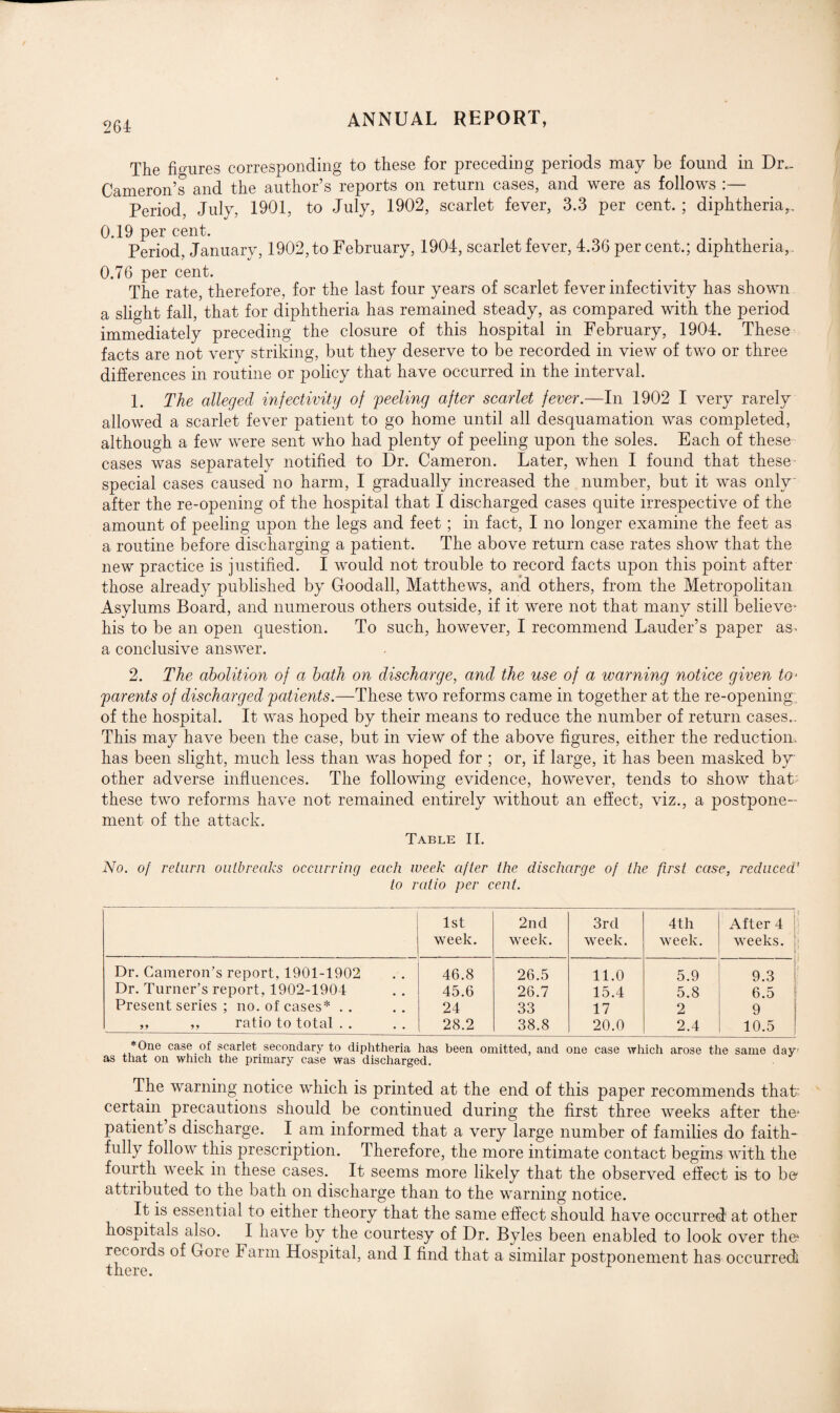 The figures corresponding to these for preceding periods may be found in Dr*. Cameron’s and the author’s reports on return cases, and were as follows :— Period, July, 1901, to July, 1902, scarlet fever, 3.3 per cent. ; diphtheria.. 0.19 per cent. Period, January, 1902, to February, 1904, scarlet fever, 4.36 per cent.; diphtheria,. 0.76 per cent. The rate, therefore, for the last four years of scarlet fever infectivity has shown a slight fall, that for diphtheria has remained steady, as compared with the period immediately preceding the closure of this hospital in February, 1904. These facts are not very striking, but they deserve to be recorded in view of two or three differences in routine or policy that have occurred in the interval. 1. The alleged infectivity of feeling after scarlet fever.—In 1902 I very rarely allowed a scarlet fever patient to go home until all desquamation was completed, although a few were sent who had plenty of peeling upon the soles. Each of these cases was separately notified to Dr. Cameron. Later, when I found that these special cases caused no harm, I gradually increased the number, but it was only after the re-opening of the hospital that I discharged cases quite irrespective of the amount of peeling upon the legs and feet; in fact, I no longer examine the feet as a routine before discharging a patient. The above return case rates show that the new practice is justified. I would not trouble to record facts upon this point after those already published by Goodall, Matthews, and others, from the Metropolitan Asylums Board, and numerous others outside, if it were not that many still believe* his to be an open question. To such, however, I recommend Lauder’s paper as- a conclusive answer. 2. The abolition of a bath on discharge, and the use of a warning notice given to- parents of discharged patients.—These two reforms came in together at the re-opening, of the hospital. It was hoped by their means to reduce the number of return cases.. This may have been the case, but in view of the above figures, either the reduction, has been slight, much less than was hoped for ; or, if large, it has been masked by other adverse influences. The following evidence, however, tends to show that these two reforms have not remained entirely without an effect, viz., a postpone¬ ment of the attack. Table II. No. of return outbreaks occurring each week after the discharge of the first case, reduced' to ratio per cent. 1st week. 2nd week. 3rd week. 4th week. After 4 weeks. 1 Dr. Cameron’s report, 1901-1902 46.8 26.5 11.0 5.9 9.3 ! Dr. Turner’s report, 1902-1904 45.6 26.7 15.4 5.8 6.5 Present series ; no. of cases* . . 24 33 17 2 9 ,, ,, ratio to total . . 28.2 38.8 20.0 2.4 10.5 *One case of scarlet secondary to diphtheria has been omitted, and one case which arose the same day as that on which the primary case was discharged. The warning notice which is printed at the end of this paper recommends that' certain precautions should be continued during the first three weeks after the* patient’s discharge. I am informed that a very large number of families do faith¬ fully follow this prescription. Therefore, the more intimate contact begins with the fourth week in these cases. It seems more likely that the observed effect is to be attributed to the bath on discharge than to the warning notice. It is essential to either theory that the same effect should have occurred at other hospitals also. I have by the courtesy of Dr. Byles been enabled to look over the* records of Goie Farm Hospital, and I find that a similar postponement has occurred; there.