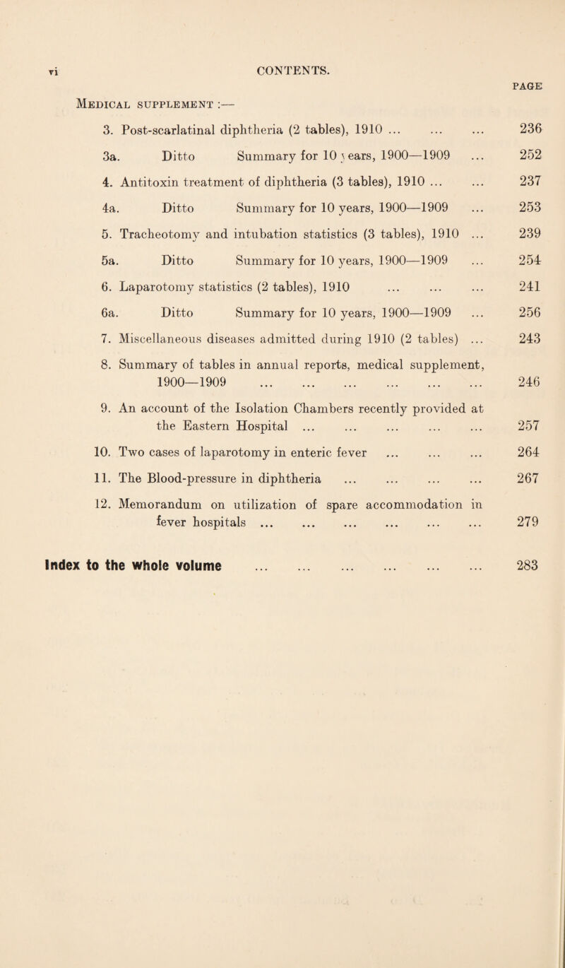 PAGE Medical supplement :— 3. Post-scarlatinal diphtheria (2 tables), 1910 ... ... ... 236 3a. Ditto Summary for 10 3 ears, 1900—1909 ... 252 4. Antitoxin treatment of diphtheria (3 tables), 1910 ... ... 237 4a. Ditto Summary for 10 years, 1900—1909 ... 253 5. Tracheotomy and intubation statistics (3 tables), 1910 ... 239 5a. Ditto Summary for 10 years, 1900—1909 ... 254 6. Laparotomy statistics (2 tables), 1910 ... ... ... 241 6a. Ditto Summary for 10 years, 1900—1909 ... 256 7. Miscellaneous diseases admitted during 1910 (2 tables) ... 243 8. Summary of tables in annual reports, medical supplement, 1900—1909 . 246 9. An account of the Isolation Chambers recently provided at the Eastern Hospital ... ... ... ... ... 257 10. Two cases of laparotomy in enteric fever ... ... ... 264 11. The Blood-pressure in diphtheria ... ... ... ... 267 12. Memorandum on utilization of spare accommodation in fever hospitals ... . ... ... ... 279 Index to the whole volume . 283