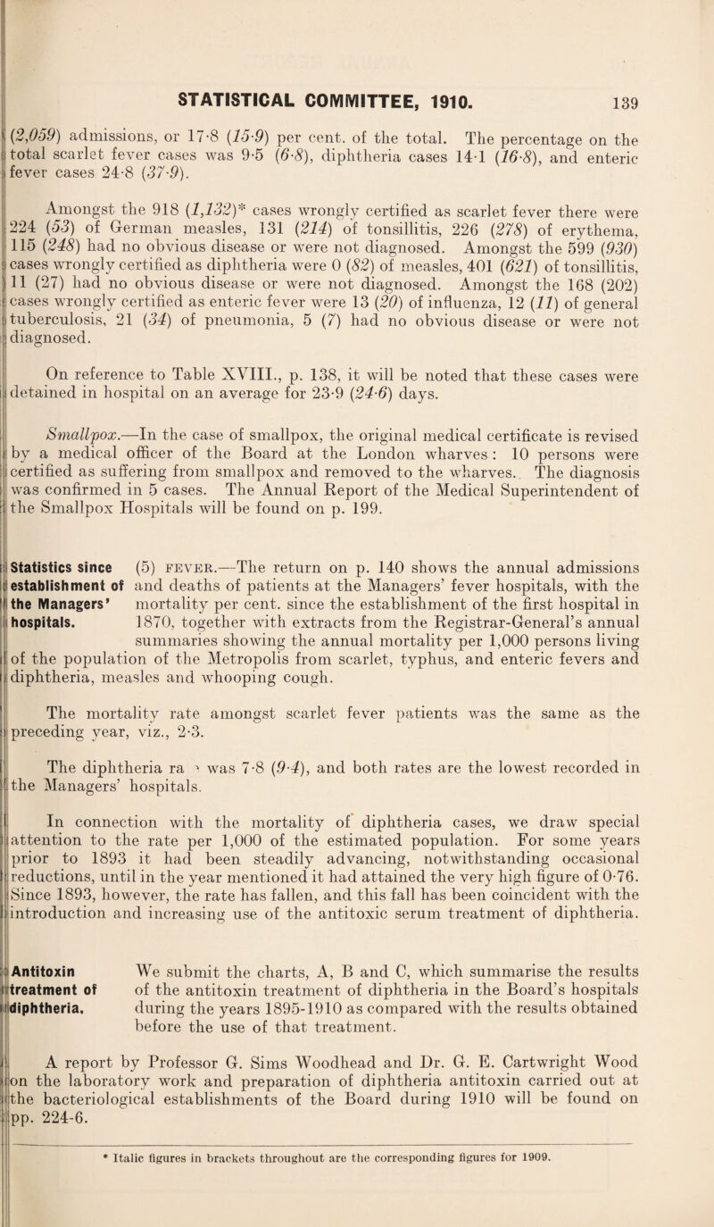 (2,059) admissions, or 17*8 (15-9) per cent, of the total. The percentage on the total scarlet fever cases was 9-5 (6-8), diphtheria cases 14-1 (16-8), and enteric fever cases 24-8 (37-9). Amongst the 918 (1,132)* cases wrongly certified as scarlet fever there were 224 (53) of German measles, 131 (214) of tonsdlitis, 226 (278) of erythema, 115 (248) had no obvious disease or were not diagnosed. Amongst the 599 (930) cases wrongly certified as diphtheria were 0 (82) of measles, 401 (621) of tonsillitis, 11 (27) had no obvious disease or were not diagnosed. Amongst the 168 (202) cases wrongly certified as enteric fever were 13 (20) of influenza, 12 (11) of general tuberculosis, 21 (34) of pneumonia, 5 (7) had no obvious disease or were not diagnosed. On reference to Table XVIII., p. 138, it will be noted that these cases were i detained in hospital on an average for 23-9 (24-6) days. Smallpox.—In the case of smallpox, the original medical certificate is revised by a medical officer of the Board at the London wharves : 10 persons were certified as suffering from smallpox and removed to the wharves.. The diagnosis was confirmed in 5 cases. The Annual Report of the Medical Superintendent of the Smallpox Hospitals will be found on p. 199. Statistics since (5) fever.—The return on p. 140 shows the annual admissions establishment of and deaths of patients at the Managers’ fever hospitals, with the the Managers’ mortality per cent, since the establishment of the first hospital in hospitals. 1870, together with extracts from the Registrar-General’s annual summaries showing the annual mortality per 1,000 persons living of the population of the Metropolis from scarlet, typhus, and enteric fevers and diphtheria, measles and whooping cough. The mortality rate amongst scarlet fever patients was the same as the preceding year, viz., 2-3. The diphtheria ra > was 7-8 (9-4), and both rates are the lowest recorded in the Managers’ hospitals. In connection with the mortality of diphtheria cases, we draw special attention to the rate per 1,000 of the estimated population. For some years prior to 1893 it had been steadily advancing, notwithstanding occasional reductions, until in the year mentioned it had attained the very high figure of 0-76. Since 1893, however, the rate has fallen, and this fall has been coincident with the introduction and increasing use of the antitoxic serum treatment of diphtheria. :: Antitoxin n treatment of m diphtheria. We submit the charts, A, B and C, which summarise the results of the antitoxin treatment of diphtheria in the Board’s hospitals during the years 1895-1910 as compared with the results obtained before the use of that treatment. A report by Professor G. Sims Woodhead and Dr. G. E. Cartwright Wood ion the laboratory work and preparation of diphtheria antitoxin carried out at (the bacteriological establishments of the Board during 1910 will be found on 1pp. 224-6.