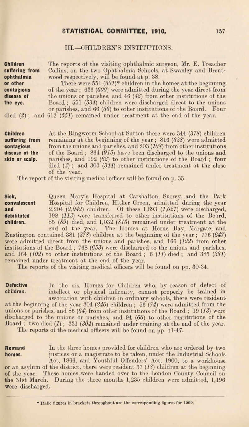 III.—CHILDREN’S INSTITUTIONS. Children suffering from ophthalmia or other contagious disease of the eye. died (2) ; and The reports of the visiting ophthalmic surgeon, Mr. E. Treacher Collins, on the two Ophthalmia Schools, at Swanley and Brent¬ wood respectively, will be found at p. 38. There were 551 (501)* children in the homes at the beginning of the year ; 636 (600) were admitted during the year direct from the unions or parishes, and 46 (42) from other institutions of the Board ; 551 (534) children were discharged direct to the unions or parishes, and 66 (56) to other institutions of the Board. Four 612 (551) remained under treatment at the end of the year. Childresi suffering from contagious disease of the skin or scalp. At the Ringworm School at Sutton there were 344 (378) children remaining at the beginning of the year ; 816 (535) were admitted from the unions and parishes, and 203 (108) from other institutions of the Board ; 864 (915) have been discharged to the unions and parishes, and 192 (62) to other institutions of the Board ; four died (3) ; and 303 (344) remained under treatment at the close of the year. The report of the visiting medical officer will be found on p. 35. Sick, Queen Mary’s Hospital at Carshalton, Surrey, and the Park convalescent Hospital for Children, blither Green, admitted during the year and 2,204 (2,042) children. Of these 1,893 (1,027) were discharged, debilitated 198 (113) were transferred to other institutions of the Board, children. 85 (89) died, and 1,032 (513) remained under treatment at the end of the year. The Homes at Herne Bay, Margate, and Rustington contained 381 (378) children at the beginning of the year ; 776 (647) were admitted direct from the unions and parishes, and 166 (122) from other institutions of the Board ; 768 (653) were discharged to the unions and parishes, and 164 (102) to other institutions of the Board ; 6 (11) died ; and 385 (381) remained under treatment at the end of the year. The reports of the visiting medical officers will be found on pp. 30-34. Dafective In the six Homes for Children who, by reason of defect of children. intellect or physical infirmity, cannot properly be trained in association with children in ordinary schools, there were resident at the beginning of the year 304 (246) children ; 56 (74) were admitted from the unions or parishes, and 86 (64) from other institutions of the Board ; 19 (13) were discharged to the unions or parishes, and 94 (66) to other institutions of the Board ; two died (1) ; 331 (304) remained under training at the end of the year. The reports of the medical officers will be found on pp. 41-47. Remand In the three homes provided for children who are ordered by two homes. justices or a magistrate to be taken, under the Industrial Schools Act, 1866, and Youthful Offenders’ Act, 1900, to a workhouse or an asylum of the district, there were resident 37 (18) children at the beginning of the year. These homes were handed over to the London County Council on the 31st March. During the three months 1,235 children were admitted, 1,196 were discharged.