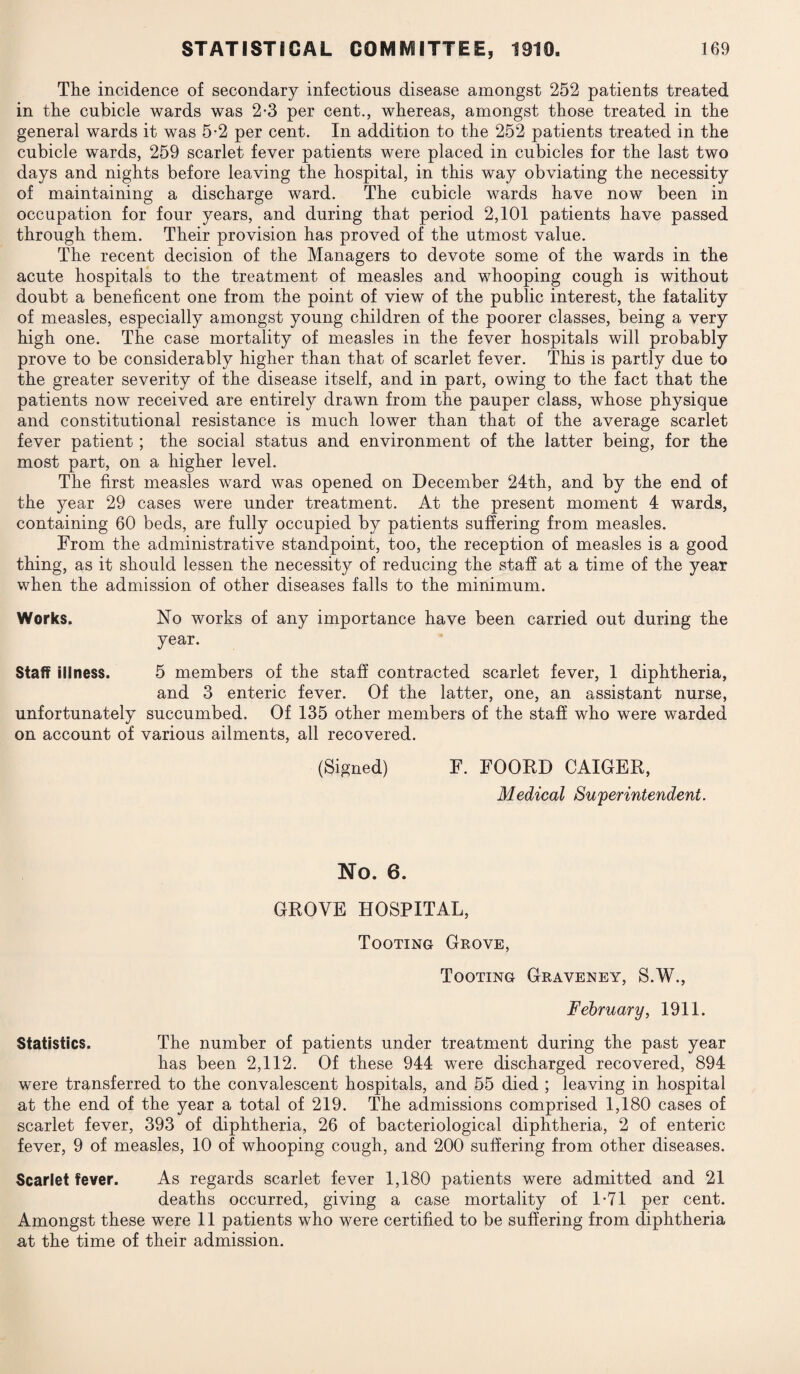 The incidence of secondary infectious disease amongst 252 patients treated in the cubicle wards was 2*3 per cent., whereas, amongst those treated in the general wards it was 5-2 per cent. In addition to the 252 patients treated in the cubicle wards, 259 scarlet fever patients were placed in cubicles for the last two days and nights before leaving the hospital, in this way obviating the necessity of maintaining a discharge ward. The cubicle wards have now been in occupation for four years, and during that period 2,101 patients have passed through them. Their provision has proved of the utmost value. The recent decision of the Managers to devote some of the wards in the acute hospitals to the treatment of measles and whooping cough is without doubt a beneficent one from the point of view of the public interest, the fatality of measles, especially amongst young children of the poorer classes, being a very high one. The case mortality of measles in the fever hospitals will probably prove to be considerably higher than that of scarlet fever. This is partly due to the greater severity of the disease itself, and in part, owing to the fact that the patients now received are entirely drawn from the pauper class, whose physique and constitutional resistance is much lower than that of the average scarlet fever patient; the social status and environment of the latter being, for the most part, on a higher level. The first measles ward was opened on December 24th, and by the end of the year 29 cases were under treatment. At the present moment 4 wards, containing 60 beds, are fully occupied by patients suffering from measles. From the administrative standpoint, too, the reception of measles is a good thing, as it should lessen the necessity of reducing the staff at a time of the year when the admission of other diseases falls to the minimum. Works. No works of any importance have been carried out during the year. Staff illness. 5 members of the staff contracted scarlet fever, 1 diphtheria, and 3 enteric fever. Of the latter, one, an assistant nurse, unfortunately succumbed. Of 135 other members of the staff who were warded on account of various ailments, all recovered. (Signed) F. FOORD CAIOER, Medical Superintendent. No. 6. GROVE HOSPITAL, Tooting Grove, Tooting Graveney, S.W., February, 1911. Statistics. The number of patients under treatment during the past year has been 2,112. Of these 944 were discharged recovered, 894 were transferred to the convalescent hospitals, and 55 died ; leaving in hospital at the end of the year a total of 219. The admissions comprised 1,180 cases of scarlet fever, 393 of diphtheria, 26 of bacteriological diphtheria, 2 of enteric fever, 9 of measles, 10 of whooping cough, and 200 suffering from other diseases. Scarlet fever. As regards scarlet fever 1,180 patients were admitted and 21 deaths occurred, giving a case mortality of 1-71 per cent. Amongst these were 11 patients who were certified to be suffering from diphtheria at the time of their admission.