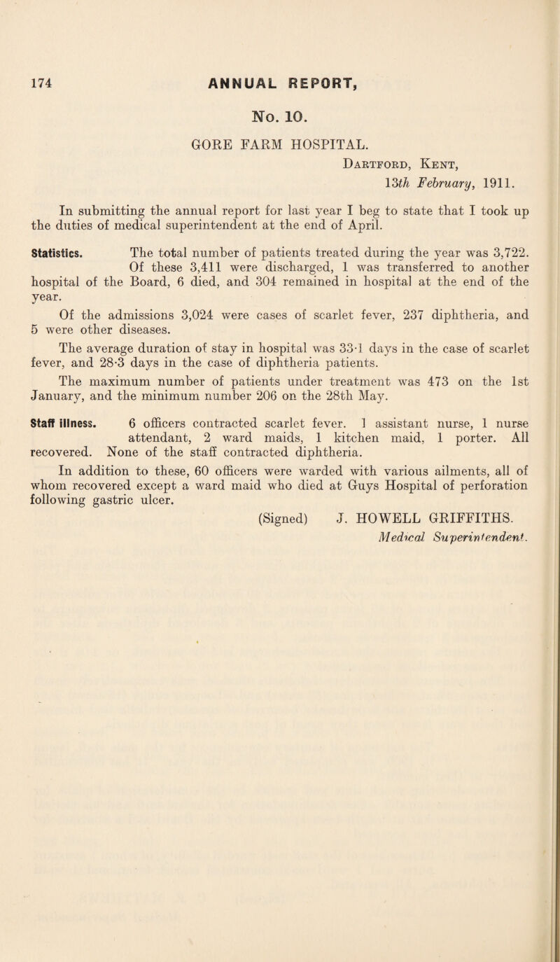 No. 10. GORE FARM HOSPITAL. Dartford, Kent, 13th February, 1911. In submitting tbe annual report for last year I beg to state tbat I took up the duties of medical superintendent at tbe end of April. Statistics. Tbe total number of patients treated during tbe year was 3,722. Of these 3,411 were discharged, 1 was transferred to another hospital of the Board, 6 died, and 304 remained in hospital at the end of the year. Of the admissions 3,024 were cases of scarlet fever, 237 diphtheria, and 5 were other diseases. The average duration of stay in hospital was 33-1 days in the case of scarlet fever, and 28-3 days in the case of diphtheria patients. The maximum number of patients under treatment was 473 on the 1st January, and the minimum number 206 on the 28th May. Staff illness. 6 officers contracted scarlet fever. 1 assistant nurse, 1 nurse attendant, 2 ward maids, 1 kitchen maid, 1 porter. All recovered. None of the staff contracted diphtheria. In addition to these, 60 officers were warded with various ailments, all of whom recovered except a ward maid who died at Guys Hospital of perforation following gastric ulcer. (Signed) J. HOWELL GRIFFITHS.