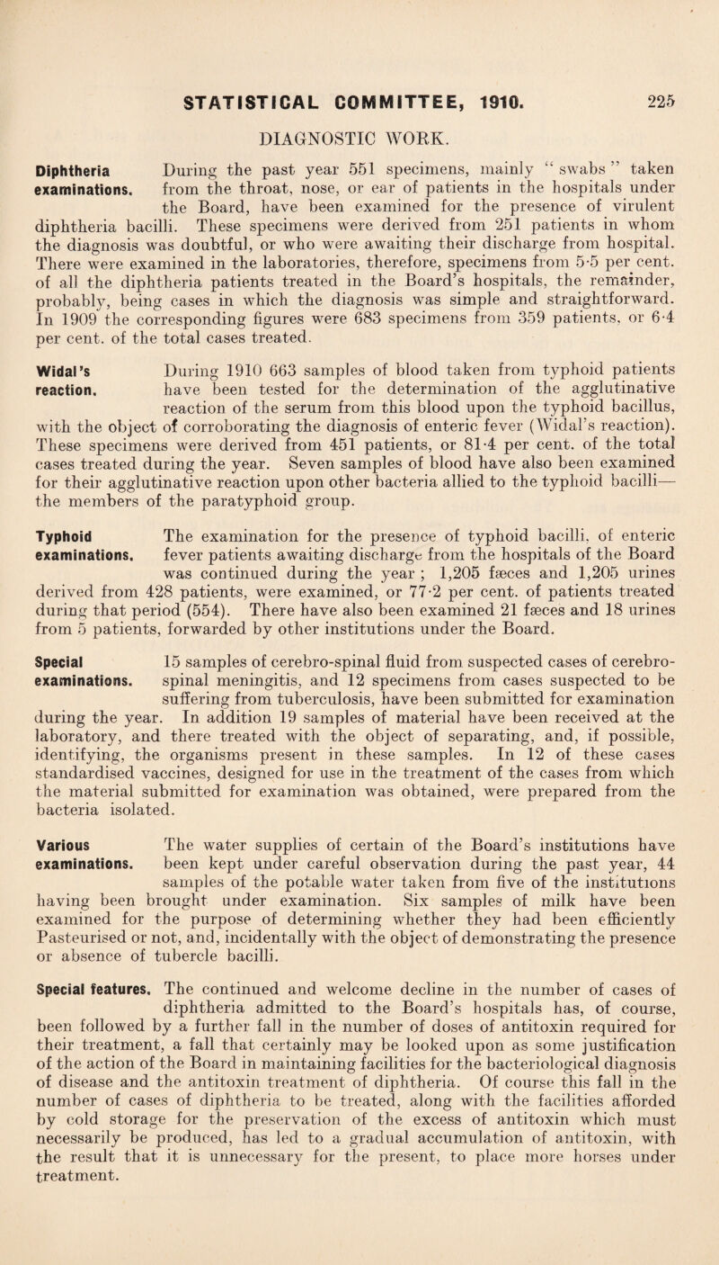 DIAGNOSTIC WORK. Diphtheria During the past year 551 specimens, mainly “ swabs ” taken examinations. from the throat, nose, or ear of patients in the hospitals under the Board, have been examined for the presence of virulent diphtheria bacilli. These specimens were derived from 251 patients in whom the diagnosis was doubtful, or who were awaiting their discharge from hospital. There were examined in the laboratories, therefore, specimens from 5*5 per cent, of all the diphtheria patients treated in the Board’s hospitals, the remainder, probably, being cases in which the diagnosis was simple and straightforward. In 1909 the corresponding figures were 683 specimens from 359 patients, or 6-4 per cent, of the total cases treated. Widal’s During 1910 663 samples of blood taken from typhoid patients reaction. have been tested for the determination of the agglutinative reaction of the serum from this blood upon the typhoid bacillus, with the object of corroborating the diagnosis of enteric fever (Widal’s reaction). These specimens were derived from 451 patients, or 81-4 per cent, of the total cases treated during the year. Seven samples of blood have also been examined for their agglutinative reaction upon other bacteria allied to the typhoid bacilli—— the members of the paratyphoid group. Typhoid The examination for the presence of typhoid bacilli, of enteric examinations. fever patients awaiting discharge from the hospitals of the Board was continued during the year ; 1,205 faeces and 1,205 urines derived from 428 patients, were examined, or 77-2 per cent, of patients treated during that period (554). There have also been examined 21 faeces and 18 urines from 5 patients, forwarded by other institutions under the Board. Special 15 samples of cerebro-spinal fluid from suspected cases of cerebro- examinations. spinal meningitis, and 12 specimens from cases suspected to be suffering from tuberculosis, have been submitted for examination during the year. In addition 19 samples of material have been received at the laboratory, and there treated with the object of separating, and, if possible, identifying, the organisms present in these samples. In 12 of these cases standardised vaccines, designed for use in the treatment of the cases from which the material submitted for examination was obtained, were prepared from the bacteria isolated. Various The water supplies of certain of the Board’s institutions have examinations. been kept under careful observation during the past year, 44 samples of the potable water taken from five of the institutions having been brought under examination. Six samples of milk have been examined for the purpose of determining whether they had been efficiently Pasteurised or not, and, incidentally with the object of demonstrating the presence or absence of tubercle bacilli. Special features. The continued and welcome decline in the number of cases of diphtheria admitted to the Board’s hospitals has, of course, been followed by a further fall in the number of doses of antitoxin required for their treatment, a fall that certainly may be looked upon as some justification of the action of the Board in maintaining facilities for the bacteriological diagnosis of disease and the antitoxin treatment of diphtheria. Of course this fall in the number of cases of diphtheria to be treated, along with the facilities afforded by cold storage for the preservation of the excess of antitoxin which must necessarily be produced, has led to a gradual accumulation of antitoxin, with the result that it is unnecessary for the present, to place more horses under treatment.