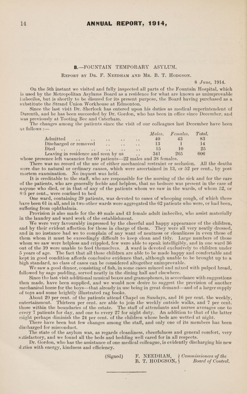 B, —FOUNTAIN TEMPORARY ASYLUM. Report by Dr. F. Needham and Mr. B. T. Hodgson. 8 June, 1914. On the 5th instant we visited and fully inspected all parts of the Fountain Hospital, which is used by the Metropolitan Asylums Board as a residence for what are known as unimprovable imbeciles, but is shortly to be disused for its present purpose, the Board having purchased as a substitute the Strand Union Workhouse at Edmonton. Since the last visit Dr. Sherlock has entered upon his duties as medical superintendent of Darenth, and he has been succeeded by Dr. Gordon, who has been in office since December, and was previously at Tooting Bee and Caterham. The changes among the patients since the visit of our colleagues last December have been as follows Males. Females. Total. Admitted • • 40 43 83 Discharged or removed 13 1 14 Died • • 15 10 25 Leaving in residence and seen by us • • 341 265 606 whose presence left vacancies for 60 patients—22 males and 38 females. There was no record of the use of either mechanical restraint or seclusion. All the deaths were due to natural or ordinary causes, which were ascertained in 13, or 52 per cent., by post mortem examination. No inquest was held. It is creditable to the staff, who are responsible for the nursing of the sick and for the care of the patients, who are generally feeble and helpless, that no bedsore was present in the case of anyone who died, or in that of any of the patients whom we saw in the wards, of whom 52, or 8*5 per cent., were confined to bed One ward, containing 39 patients, was devoted to cases of whooping cough, of which there have been 61 in all, and in two other wards were aggregated the 62 patients who were, or had been, suffering from ophthalmia. Provision is also made for the 40 male and 43 female adult imbeciles, who assist materially in the laundry and ward work of the establishment. We were very favourably impressed by the cheerful and happy appearance of the children, and by their evident affection for those in charge of them. They were all very neatly dressed, and in no instance had we to complain of any want of neatness or cleanliness in even those of them whom it must be exceedingly difficult to keep clean and tidy. Large numbers of those whom we saw were helpless and crippled, few were able to speak intelligibly, and in one ward 36 out of the 39 were unable to feed themselves. A ward is devoted exclusively to children under 5 years of age. The fact that all these children are able to be made happy and comfortable and kept in good condition affords conclusive evidence that, although unable to be brought up to a high standard, no class of cases can be considered altogether unimprovable. We saw a good dinner, consisting of fish, in some cases minced and mixed with pulped bread, followed by sago pudding, served neatly in the dining hall and elsewhere. Since the last visit additional musical boxes and gramophones, in accordance with suggestions then made, have been supplied, and we would now desire to suggest the provision of another mechanical horse for the boys—that already in use being in great demand—and of a larger supply of toys and some brightly illustrated rag books. About 29 per cent, of the patients attend Chapel on Sundays, and 16 per cent, the weekly, entertainment. Thirteen per cent, are able to join the weekly outside walks, and 7 per cent, those within the boundaries of the estate. The staff of attendants and nurses averages one to every 7 patients for day, and one to every 27 for night duty. An addition to that of the latter might perhaps diminish the 24 per cent, of the children whose beds are wetted at night. There have been but few changes among the staff, and only one of its members has been discharged for misconduct. The state of the asylum was, as regards cleanliness, cheerfulness and general comfort, very s xtisfactory, and we found all the beds and bedding well cared for in all respects. Dr. Gordon, who has the assistance of one medical colleague, is evidently discharging his new daties with energy, kindness and efficiency. (Signed) F. NEEDHAM, ) Commissioners of the B. T. HODGSON, ] Board of Control