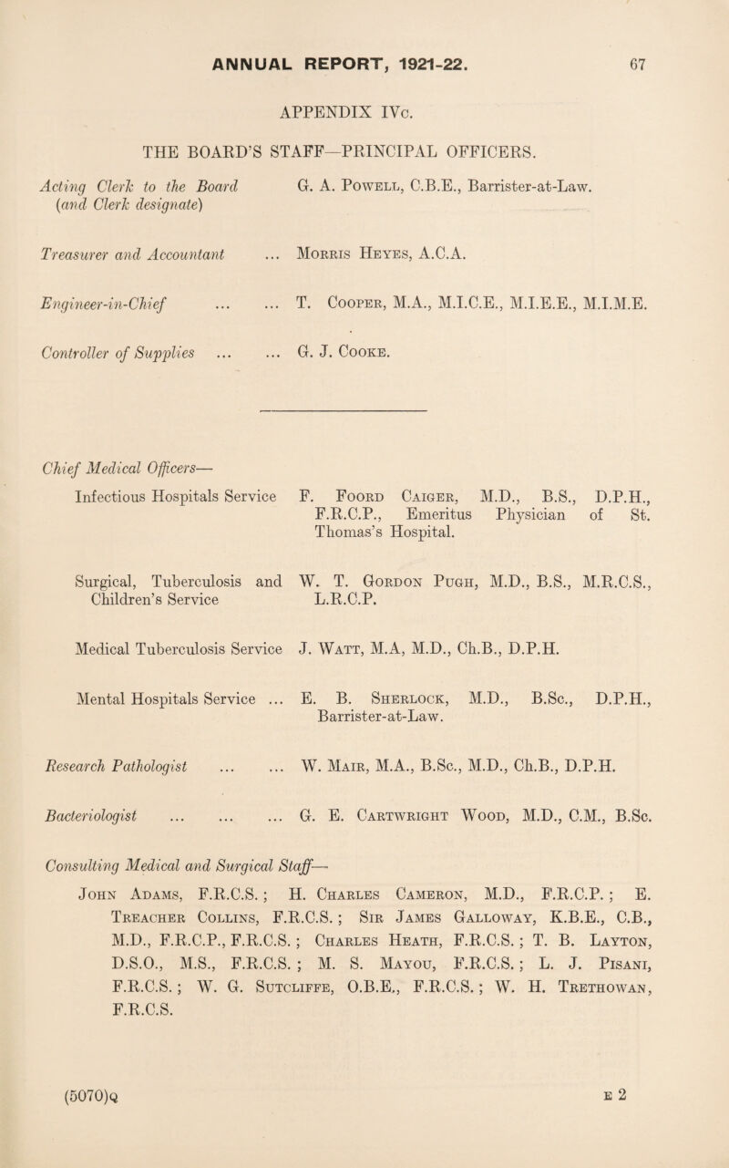 APPENDIX IVc. THE BOARD’S STAFF—PRINCIPAL OFFICERS. Acting Clerk to the Board G. A. Powell, C.B.E., Barrister-at-Law. (and Clerk designate) Treasurer and Accountant ... Morris Heyes, A.C.A. Engineer-in-Chief ... ... T. Cooper, M.A., M.I.C.E., M.I.E.E., M.I.M.E. Controller of Supplies ... ... G. J. Cooke. Chief Medical Officers— Infectious Hospitals Service F. Foord Caiger, M.D., B.S., D.P.H., F.R.C.P., Emeritus Physician of St. Thomas’s Hospital. Surgical, Tuberculosis and W. T. Gordon Pugh, M.D., B.S., M.R.C.S., Children’s Service L.R.C.P. Medical Tuberculosis Service J. Watt, M.A, M.D., Ch.B., D.P.H. Mental Hospitals Service ... E. B. Sherlock, M.D., B.Sc., D.P.H., Barrister-at-Law. Research Pathologist ... ... W. Mair, M.A., B.Sc., M.D., Ch.B., D.P.H. Bacteriologist . G. E. Cartwright Wood, M.D., C.M., B.Sc. Consulting Medical and Surgical Staff— John Adams, F.R.C.S.; H. Charles Cameron, M.D., F.R.C.P. ; E. Treacher Collins, F.R.C.S. ; Sir James Galloway, K.B.E., C.B., M.D., F.R.C.P., F.R.C.S. ; Charles Heath, F.R.C.S. ; T. B. Layton, D.S.O., M.S, F.R.C.S. ; M. S. Mayou, F.R.C.S. ; L. J. Pisani, F.R.C.S.; W. G. Sutcliffe, O.B.E., F.R.C.S.; W. H. Trethowan, F.R.C.S.