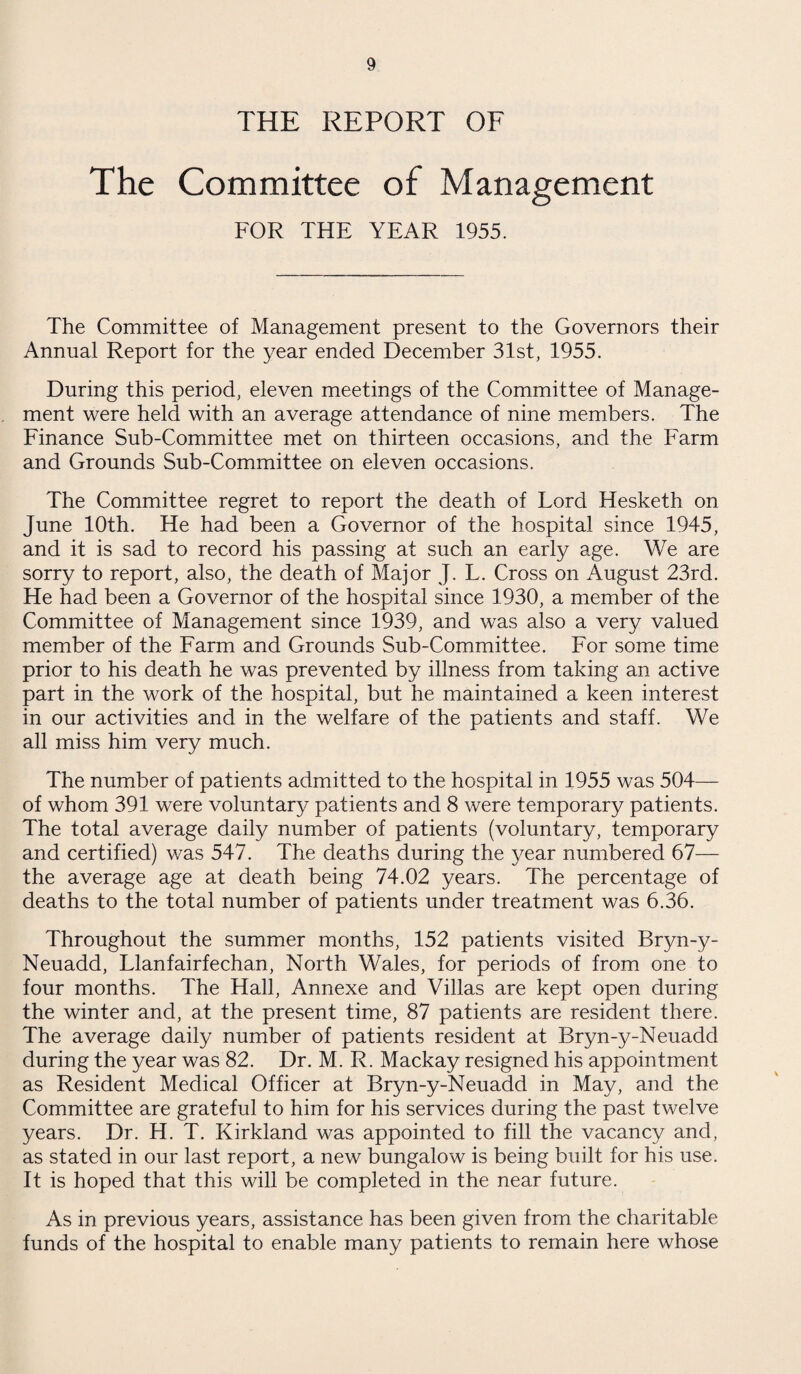 THE REPORT OF The Committee of Management FOR THE YEAR 1955. The Committee of Management present to the Governors their Annual Report for the year ended December 31st, 1955. During this period, eleven meetings of the Committee of Manage¬ ment were held with an average attendance of nine members. The Finance Sub-Committee met on thirteen occasions, and the Farm and Grounds Sub-Committee on eleven occasions. The Committee regret to report the death of Lord Hesketh on June 10th. He had been a Governor of the hospital since 1945, and it is sad to record his passing at such an early age. We are sorry to report, also, the death of Major J. L. Cross on August 23rd. He had been a Governor of the hospital since 1930, a member of the Committee of Management since 1939, and was also a very valued member of the Farm and Grounds Sub-Committee. For some time prior to his death he was prevented by illness from taking an active part in the work of the hospital, but he maintained a keen interest in our activities and in the welfare of the patients and staff. We all miss him very much. The number of patients admitted to the hospital in 1955 was 504— of whom 391 were voluntary patients and 8 were temporary patients. The total average daily number of patients (voluntary, temporary and certified) was 547. The deaths during the year numbered 67— the average age at death being 74.02 years. The percentage of deaths to the total number of patients under treatment was 6.36. Throughout the summer months, 152 patients visited Bryn-y- Neuadd, Llanfairfechan, North Wales, for periods of from one to four months. The Hall, Annexe and Villas are kept open during the winter and, at the present time, 87 patients are resident there. The average daily number of patients resident at Bryn-y-Neuadd during the year was 82. Dr. M. R. Mackay resigned his appointment as Resident Medical Officer at Bryn-y-Neuadd in May, and the Committee are grateful to him for his services during the past twelve years. Dr. H. T. Kirkland was appointed to fill the vacancy and, as stated in our last report, a new bungalow is being built for his use. It is hoped that this will be completed in the near future. As in previous years, assistance has been given from the charitable funds of the hospital to enable many patients to remain here whose