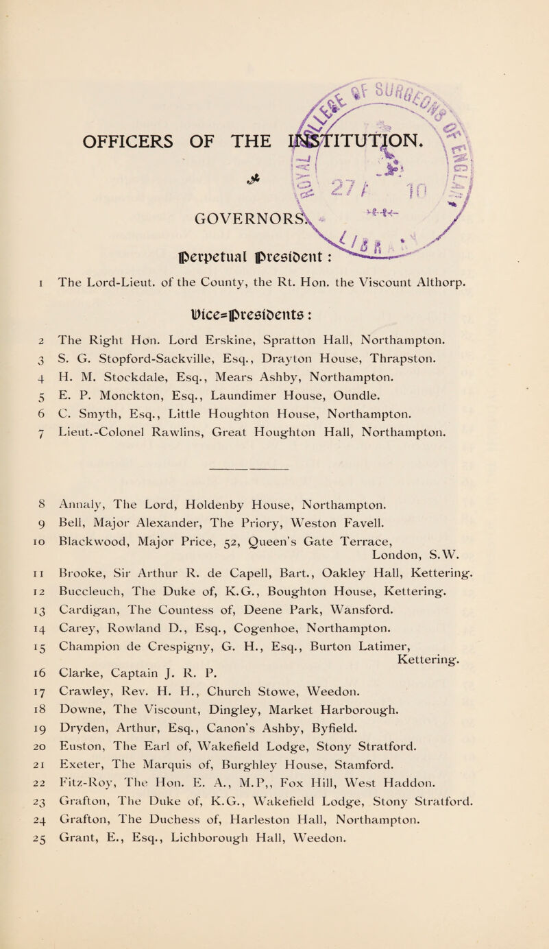 Wce^ipieetoents: 2 The Right Hon. Lord Erskine, Spratton Hall, Northampton. 3 S. G. Stopford-Sackville, Esq., Drayton House, Thrapston. 4 H. M. Stockdale, Esq., Mears Ashby, Northampton. 5 E. P. Monckton, Esq., Laundimer House, Oundle. 6 C. Smyth, Esq., Little Houghton House, Northampton. 7 Lieut.-Colonel Rawlins, Great Houghton Hall, Northampton. 8 Annaly, The Lord, Holdenby House, Northampton. 9 Bell, Major Alexander, The Priory, Weston Favell. 10 Blackwood, Major Price, 52, Queen’s Gate Terrace, London, S.W. 11 Brooke, Sir Arthur R. de Capell, Bart., Oakley Hall, Kettering. 12 Buccleuch, The Duke of, K.G., Boughton House, Kettering. 13 Cardigan, The Countess of, Deene Park, Wansford. 14 Carey, Rowland D., Esq., Cog*enhoe, Northampton. 15 Champion de Crespigny, G. H., Esq., Burton Latimer, Kettering. 16 Clarke, Captain J. R. P. 17 Crawley, Rev. H. H., Church Stowe, Weedon. 18 Downe, The Viscount, Dingley, Market Harborough. 19 Dryden, Arthur, Esq., Canon’s Ashby, Byfield. 20 Euston, The Earl of, Wakefield Lodge, Stony Stratford. 21 Exeter, The Marquis of, Burghley House, Stamford. 22 Fitz-Roy, The Hon. E. A., M.P,, Fox Hill, West Haddon. 23 Grafton, The Duke of, K.G., Wakefield Lodge, Stony Stratford. 24 Grafton, The Duchess of, Harleston Hall, Northampton.