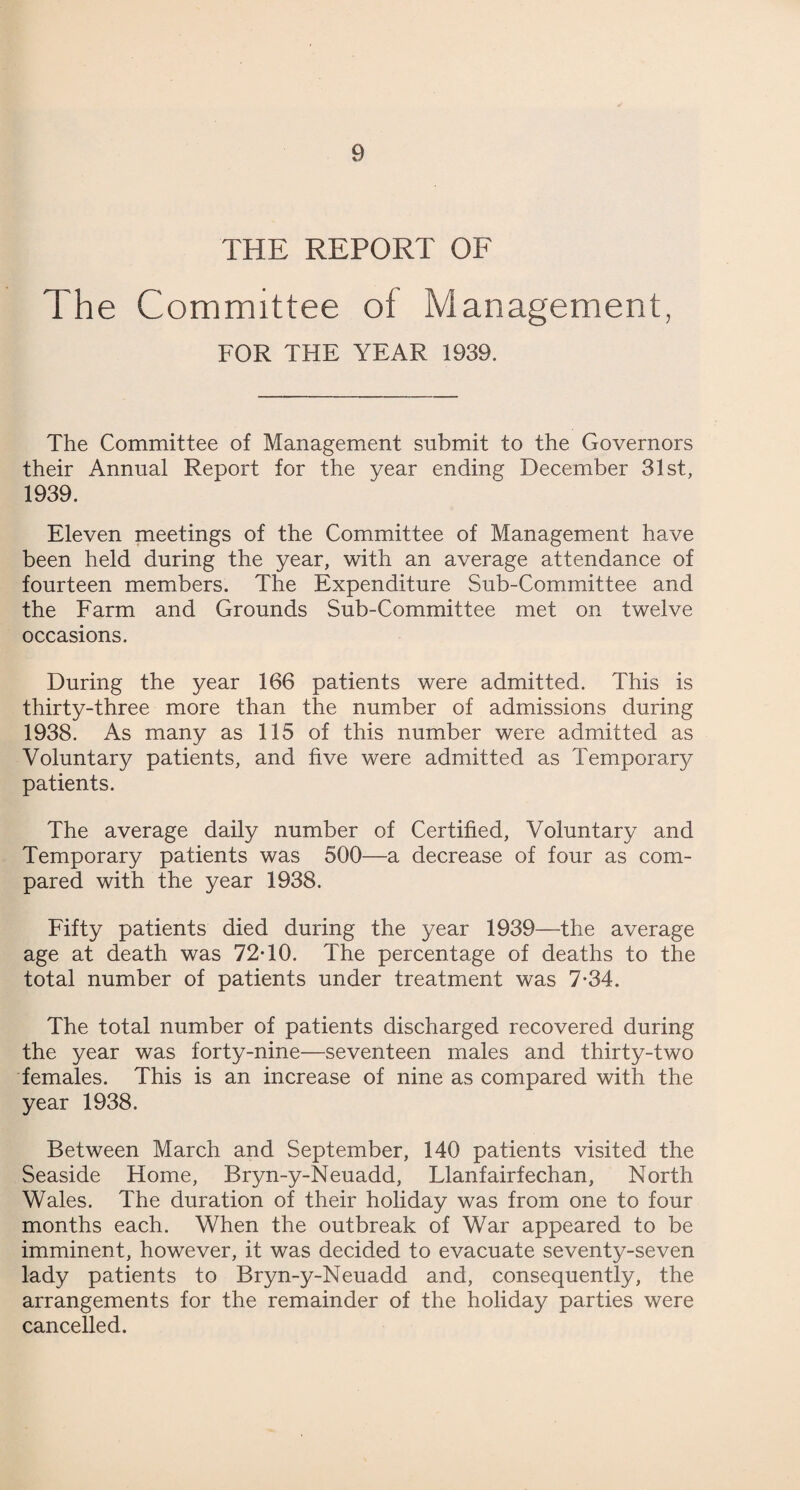 THE REPORT OF The Committee of Management, FOR THE YEAR 1939. The Committee of Management submit to the Governors their Annual Report for the year ending December 31st, 1939. Eleven meetings of the Committee of Management have been held during the year, with an average attendance of fourteen members. The Expenditure Sub-Committee and the Farm and Grounds Sub-Committee met on twelve occasions. During the year 166 patients were admitted. This is thirty-three more than the number of admissions during 1938. As many as 115 of this number were admitted as Voluntary patients, and five were admitted as Temporary patients. The average daily number of Certified, Voluntary and Temporary patients was 500—a decrease of four as com¬ pared with the year 1938. Fifty patients died during the year 1939—the average age at death was 72-10. The percentage of deaths to the total number of patients under treatment was 7-34. The total number of patients discharged recovered during the year was forty-nine—seventeen males and thirty-two females. This is an increase of nine as compared with the year 1938. Between March and September, 140 patients visited the Seaside Home, Bryn-y-Neuadd, Llanfairfechan, North Wales. The duration of their holiday was from one to four months each. When the outbreak of War appeared to be imminent, however, it was decided to evacuate seventy-seven lady patients to Bryn-y-Neuadd and, consequently, the arrangements for the remainder of the holiday parties were cancelled.