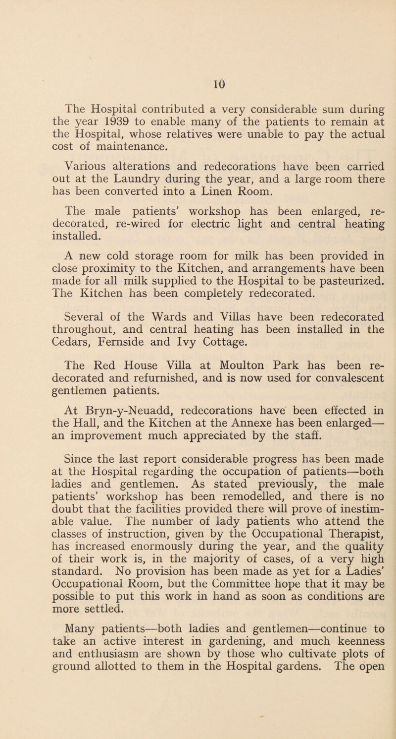 The Hospital contributed a very considerable sum during the year 1939 to enable many of the patients to remain at the Hospital, whose relatives were unable to pay the actual cost of maintenance. Various alterations and redecorations have been carried out at the Laundry during the year, and a large room there has been converted into a Linen Room. The male patients’ workshop has been enlarged, re¬ decorated, re-wired for electric light and central heating installed. A new cold storage room for milk has been provided in close proximity to the Kitchen, and arrangements have been made for all milk supplied to the Hospital to be pasteurized. The Kitchen has been completely redecorated. Several of the Wards and Villas have been redecorated throughout, and central heating has been installed in the Cedars, Fernside and Ivy Cottage. The Red House Villa at Moulton Park has been re¬ decorated and refurnished, and is now used for convalescent gentlemen patients. At Bryn-y-Neuadd, redecorations have been effected in the Hall, and the Kitchen at the Annexe has been enlarged— an improvement much appreciated by the staff. Since the last report considerable progress has been made at the Hospital regarding the occupation of patients—both ladies and gentlemen. As stated previously, the male patients’ workshop has been remodelled, and there is no doubt that the facilities provided there will prove of inestim¬ able value. The number of lady patients who attend the classes of instruction, given by the Occupational Therapist, has increased enormously during the year, and the quality of their work is, in the majority of cases, of a very high standard. No provision has been made as yet for a Ladies’ Occupational Room, but the Committee hope that it may be possible to put this work in hand as soon as conditions are more settled. Many patients—both ladies and gentlemen—continue to take an active interest in gardening, and much keenness and enthusiasm are shown by those who cultivate plots of ground allotted to them in the Hospital gardens. The open