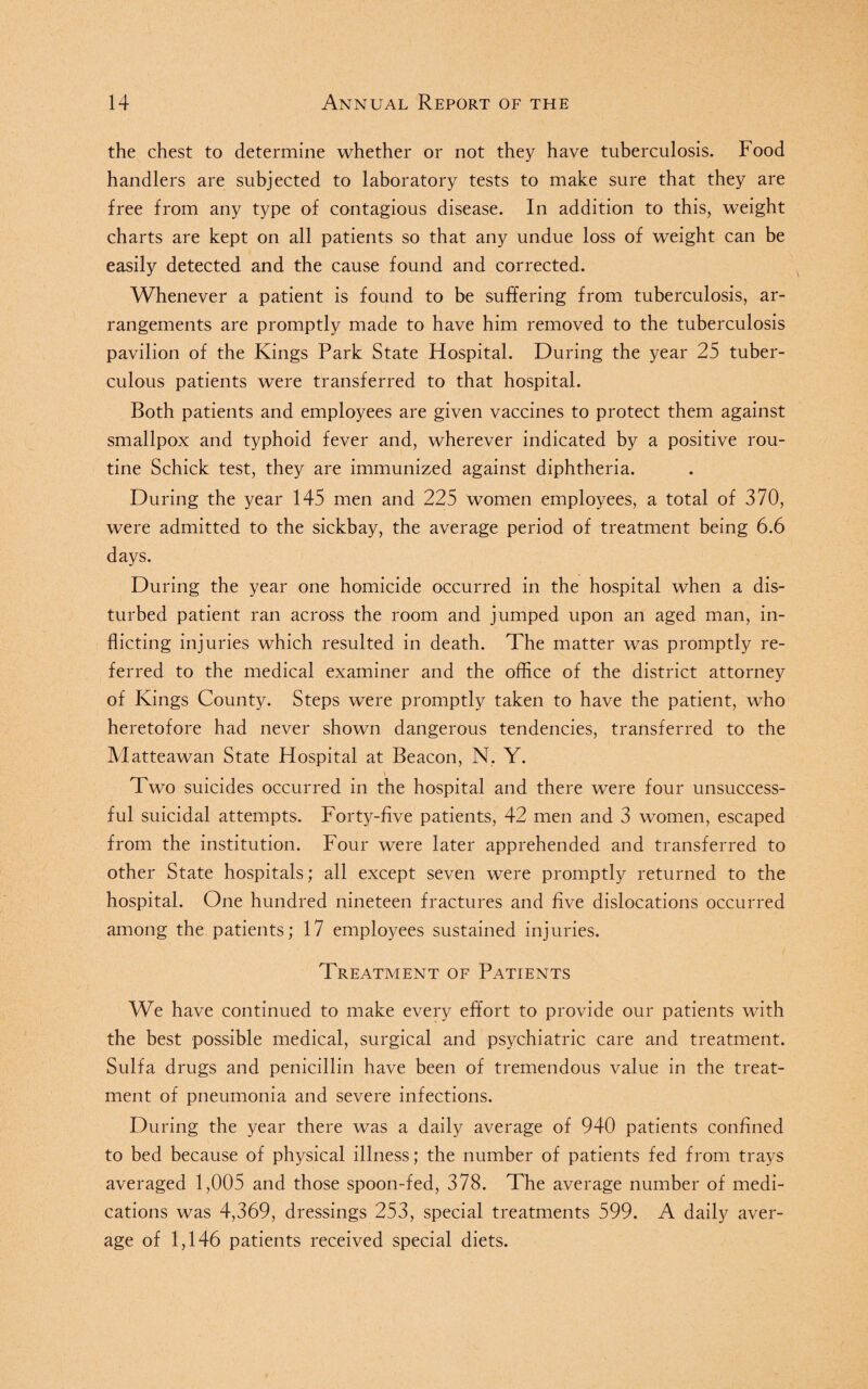 the chest to determine whether or not they have tuberculosis. Food handlers are subjected to laboratory tests to make sure that they are free from any type of contagious disease. In addition to this, weight charts are kept on all patients so that any undue loss of weight can be easily detected and the cause found and corrected. Whenever a patient is found to be suffering from tuberculosis, ar¬ rangements are promptly made to have him removed to the tuberculosis pavilion of the Kings Park State Hospital. During the year 25 tuber¬ culous patients were transferred to that hospital. Both patients and employees are given vaccines to protect them against smallpox and typhoid fever and, wherever indicated by a positive rou¬ tine Schick test, they are immunized against diphtheria. During the year 145 men and 225 women employees, a total of 370, were admitted to the sickbay, the average period of treatment being 6.6 days. During the year one homicide occurred in the hospital when a dis¬ turbed patient ran across the room and jumped upon an aged man, in¬ flicting injuries which resulted in death. The matter was promptly re¬ ferred to the medical examiner and the office of the district attorney of Kings County. Steps were promptly taken to have the patient, who heretofore had never shown dangerous tendencies, transferred to the Matteawan State Hospital at Beacon, N, Y. Two suicides occurred in the hospital and there were four unsuccess¬ ful suicidal attempts. Forty-five patients, 42 men and 3 women, escaped from the institution. Four were later apprehended and transferred to other State hospitals; all except seven were promptly returned to the hospital. One hundred nineteen fractures and five dislocations occurred among the patients; 17 employees sustained injuries. Treatment of Patients We have continued to make every effort to provide our patients with the best possible medical, surgical and psychiatric care and treatment. Sulfa drugs and penicillin have been of tremendous value in the treat¬ ment of pneumonia and severe infections. During the year there was a daily average of 940 patients confined to bed because of physical illness; the number of patients fed from trays averaged 1,005 and those spoon-fed, 378. The average number of medi¬ cations was 4,369, dressings 253, special treatments 599. A daily aver¬ age of 1,146 patients received special diets.