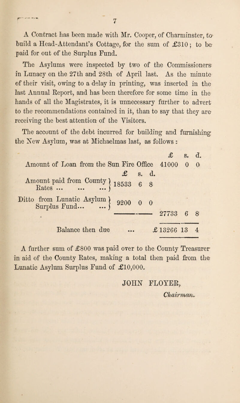 A Contract has been made with Mr. Cooper, of Charminster, to' build a Head-Attendant’s Cottage, for the sum of £310; to be paid for out of the Surplus Fund. The Asylums were inspected by two of the Commissioners in Lunacy on the 27th and 28th of April last. As the minute of their visit, owing to a delay in printing, was inserted in the last Annual Report, and has been therefore for some time in the hands of all the Magistrates, it is unnecessary further to advert to the recommendations contained in it, than to say that they are receiving the best attention of the Visitors. The account of the debt incurred for building and furnishing; the New Asylum, was at Michaelmas last, as follows : £ s. d. Amount of Loan from the Sun Fire Office 41000 0 0 £ s. d. Amount paid from County j g 0 Rates ••• ... ... i Ditto from Lunatic Asylum) q2aa a a Surplus Fund... ... j - 27733 6 8 Balance then due £ 13266 13 4 A further sum of £800 was paid over to the County Treasurer- in aid of the County Rates, making a total then paid from the Lunatic Asylum Surplus Fund of £10,000. JOHN FLOYER, Chairman*