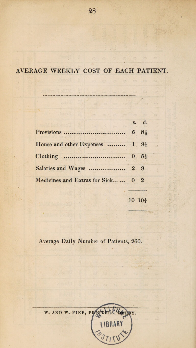 >• AVERAGE WEEKLY COST OF EACH PATIENT. s. d. Provisions. 5 8| House and other Expenses . 1 9| Clothing . 0 Salaries and Wages . 2 9 Medicines and Extras for Sick. 0 2 10 10i Average Daily Number of Patients, 260.