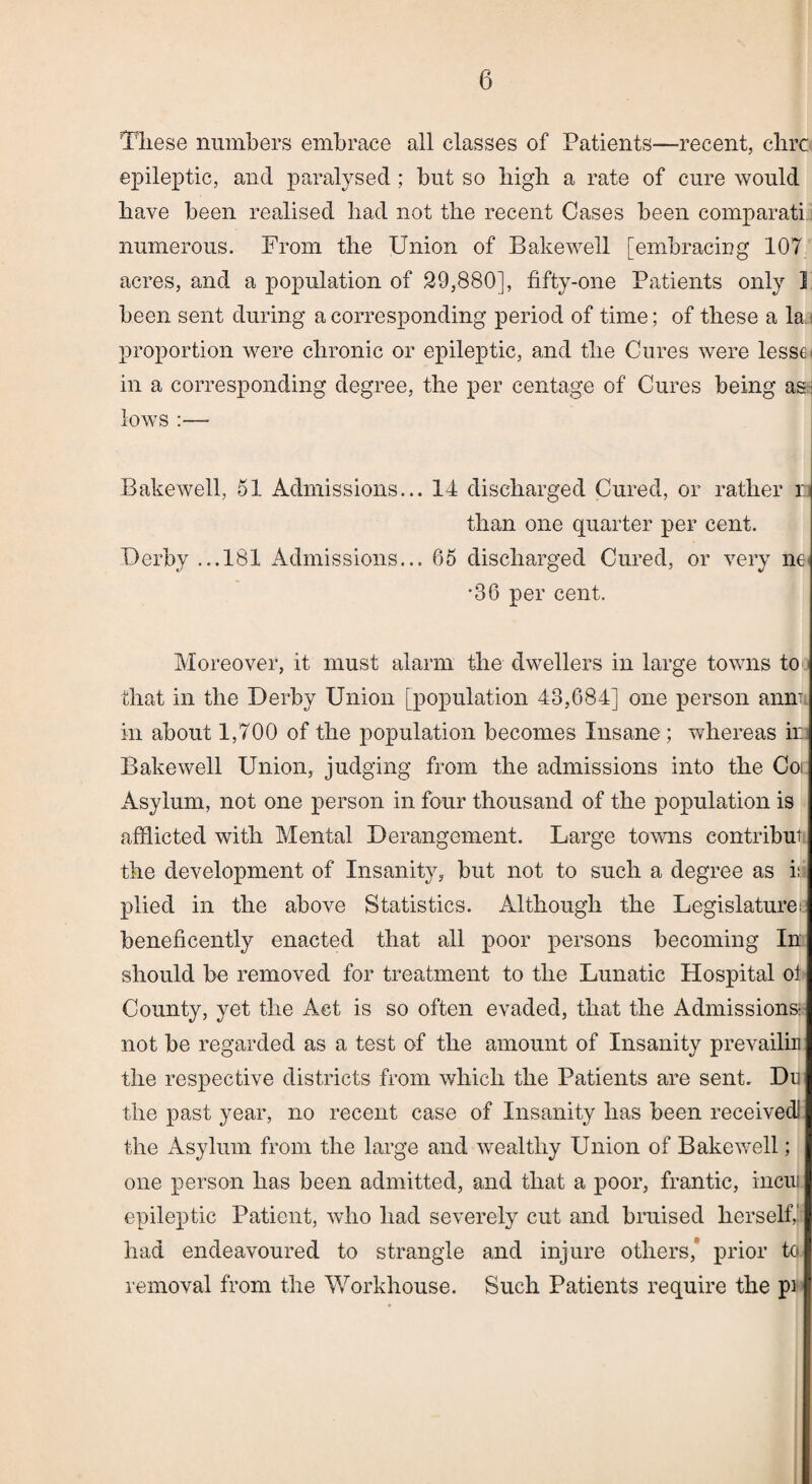 These numbers embrace all classes of Patients—recent, cbrc epileptic, and paralysed ; but so high a rate of cure would have been realised had not the recent Cases been comparati numerous. From the Union of Bakewell [embracing 107 acres, and a population of 29,880], fifty-one Patients only ] been sent during a corresponding period of time; of these a la - proportion were chronic or epileptic, and the Cures were lesse* in a corresponding degree, the per centage of Cures being as- lows :— Bakewell, 51 Admissions... 14 discharged Cured, or rather n than one quarter per cent. Derby ...181 Admissions... 65 discharged Cured, or very ne< •36 per cent. Moreover, it must alarm the dwellers in large towns to that in the Derby Union [population 43,684] one person annu in about 1,700 of the population becomes Insane; whereas ir Bakewell Union, judging from the admissions into the Coi Asylum, not one person in four thousand of the population is afflicted with Mental Derangement. Large towns contribute the development of Insanity, but not to such a degree as ia plied in the above Statistics. Although the Legislatures beneficently enacted that all poor persons becoming In should be removed for treatment to the Lunatic Hospital ol County, yet the Act is so often evaded, that the Admissions; not be regarded as a test of the amount of Insanity prevails the respective districts from which the Patients are sent. Dr the past year, no recent case of Insanity has been received! the Asylum from the large and wealthy Union of Bakewell; one person lias been admitted, and that a poor, frantic, incui epileptic Patient, who had severely cut and bruised herself,' had endeavoured to strangle and injure others, prior to removal from the Workhouse. Such Patients require the pi