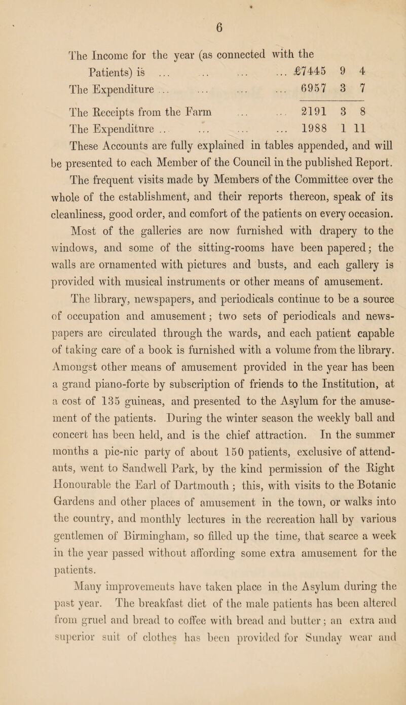 4 7 The Income for the year (as connected with the Patients) is ... .. ... ... £7445 9 The Expenditure ... ... ... ... 6957 3 The Receipts from the Farm ... ... 2191 8 8 The Expenditure .. ... ... ... 1988 1 11 These Accounts are fully explained in tables appended, and will be presented to each Member of the Council in the published Report. The frequent visits made by Members of the Committee over the whole of the establishment, and their reports thereon, speak of its cleanliness, good order, and comfort of the patients on eveiy occasion. Most of the galleries are now furnished with drapery to the windows, and some of the sitting-rooms have been papered; the walls are ornamented with pictures and busts, and each gallery is provided with musical instruments or other means of amusement. The library, newspapers, and periodicals continue to be a source of occupation and amusement; two sets of periodicals and news¬ papers are circulated through the wards, and each patient capable of taking care of a book is furnished with a volume from the library. Amongst other means of amusement provided in the year has been a grand piano-forte by subscription of friends to the Institution, at a cost of 135 guineas, and presented to the Asylum for the amuse¬ ment of the patients. During the winter season the weekly ball and concert has been held, and is the chief attraction. In the summer months a pic-nic party of about 150 patients, exclusive of attend¬ ants, went to Sandwell Park, by the kind permission of the Right Honourable the Earl of Dartmouth ; this, with visits to the Botanic Gardens and other places of amusement in the town, or walks into the country, and monthly lectures in the recreation hall by various gentlemen of Birmingham, so filled up the time, that scarce a week in the year passed without affording some extra amusement for the patients. Many improvements have taken place in the Asylum during the past year. The breakfast diet of the male patients has been altered from gruel and bread to coffee with bread and butter; an extra and superior suit of clothes has been provided for Sunday wear and