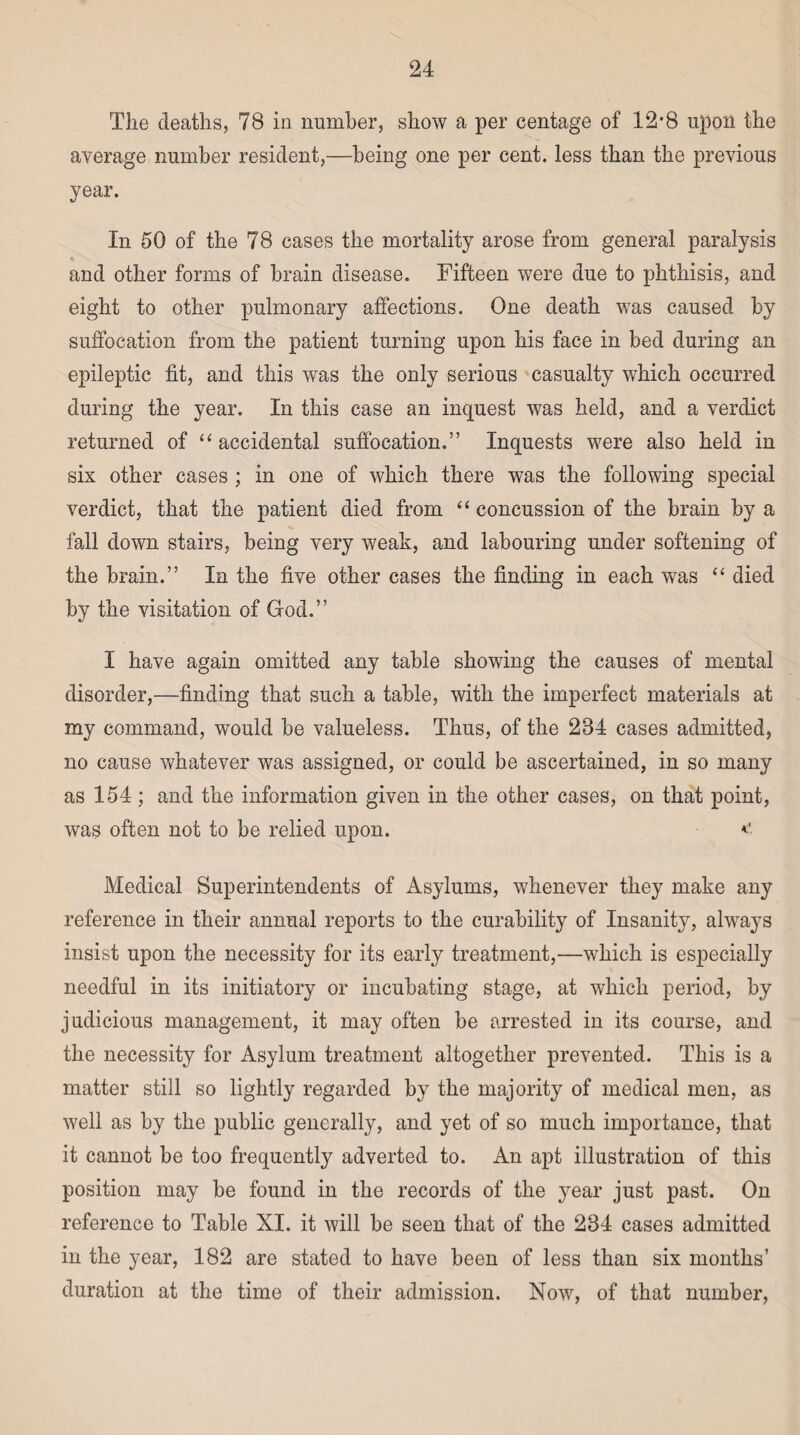 The deaths, 78 in number, show a per centage of 12*8 upon the average number resident,—being one per cent, less than the previous year. In 50 of the 78 cases the mortality arose from general paralysis % and other forms of brain disease. Fifteen were due to phthisis, and eight to other pulmonary affections. One death was caused by suffocation from the patient turning upon his face in bed during an epileptic fit, and this was the only serious casualty which occurred during the year. In this case an inquest was held, and a verdict returned of “ accidental suffocation.” Inquests were also held in six other cases ; in one of which there was the following special verdict, that the patient died from “ concussion of the brain by a fall down stairs, being very weak, and labouring under softening of the brain.” In the five other cases the finding in each was “ died by the visitation of God.” I have again omitted any table showing the causes of mental disorder,—finding that such a table, with the imperfect materials at my command, would be valueless. Thus, of the 284 cases admitted, no cause whatever was assigned, or could be ascertained, in so many as 154; and the information given in the other cases, on that point, was often not to be relied upon. <• Medical Superintendents of Asylums, whenever they make any reference in their annual reports to the curability of Insanity, always insist upon the necessity for its early treatment,—which is especially needful in its initiatory or incubating stage, at which period, by judicious management, it may often be arrested in its course, and the necessity for Asylum treatment altogether prevented. This is a matter still so lightly regarded by the majority of medical men, as well as by the public generally, and yet of so much importance, that it cannot be too frequently adverted to. An apt illustration of this position may be found in the records of the year just past. On reference to Table XI. it will be seen that of the 284 cases admitted in the year, 182 are stated to have been of less than six months’ duration at the time of their admission. Now, of that number,