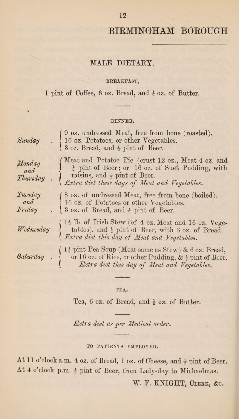 BIRMINGHAM BOROUGH . MALE DIETARY. BEEAKEAST, 1 pint of Coffee, 6 oz. Bread, and i oz. of Butter. Sunday Monday and Thursday . Tuesday and Friday Wednesday Saturday . DINNEE. 9 oz. undressed Meat, free from bone (roasted). 16 oz. Potatoes, or other Yegetables. 3 oz. Bread, and \ pint of Beer. Meat and Potatoe Pie (crust 12 oz., Meat 4 oz. and i pint of Beer; or 16 oz. of Suet Pudding, with raisins, and \ pint of Beer. Fxtra diet these days of Meat and Vegetables. 8 oz. of undressed Meat, free from bone (boiled). 16 oz. of Potatoes or other Yegetables. 3 oz. of Bread, and \ pint of Beer. li lb. of Irish Stew (of 4 oz. Meat and 16 oz. Yege¬ tables), and i pint of Beer, with 3 oz. of Bread. Fxtra diet this day of Meat and Vegetables. 11 pint Pea Soup (Meat same as Stew) & 6 oz. Bread, or 16 oz. of Bice, or other Pudding, & h pint of Beer. Fxtra diet this day of Meat and Vegetables. TEA. Tea, 6 oz. of Bread, and \ oz. of Butter. Extra diet as jeer Medical order. TO PATIENTS EMPLOYED. At 11 o’clock a.m. 4 oz. of Bread, 1 oz. of Cheese, and £ pint of Beer. At 4 o’clock p.m. \ pint of Beer, from Lady-day to Michaelmas.
