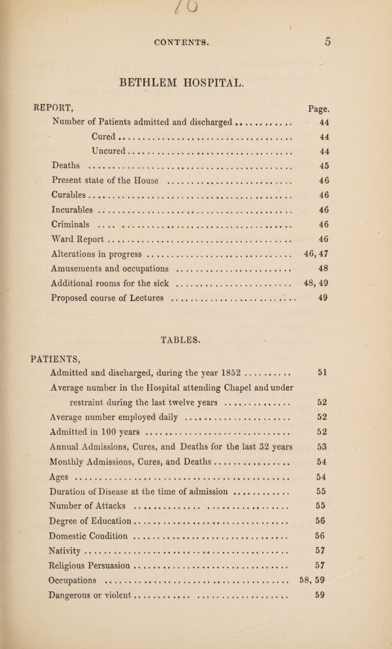 BETHLEM HOSPITAL. REPORT, Page. Number of Patients admitted and discharged. 44 Cured. 44 Uncured. 44 Deaths . 45 Present state of the House . 46 Curables. 46 Incurables. 46 Criminals . 46 Ward Report. 46 Alterations in progress. 46,47 Amusements and occupations . 48 Additional rooms for the sick . 48, 49 Proposed course of Lectures .. 49 TABLES. PATIENTS, Admitted and discharged, during the year 1852 . 51 Average number in the Hospital attending Chapel and under restraint during the last twelve years . 52 Average number employed daily . 52 Admitted in 100 vears . 52 ¥ Annual Admissions, Cures, and Deaths for the last 32 years 53 Monthly Admissions, Cures, and Deaths. 54 Ages . 54 Duration of Disease at the time of admission. 55 Number of Attacks . 55 Degree of Education. 56 Domestic Condition. 56 Nativity. 57 Religious Persuasion. 57 Occupations . 58, 59 Dangerous or violent. 59