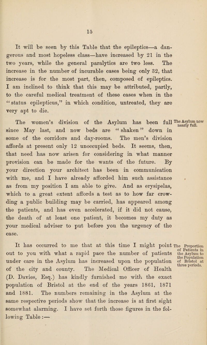 It will be seen by this Table that the epileptics—a dan¬ gerous and most hopeless class—have increased by 21 in the two years, while the general paralytics are two less. The increase in the number of incurable cases being only 32, that increase is for the most part, then, composed of epileptics. I am inclined to think that this may be attributed, partly, to the careful medical treatment of these cases when in the “ status epilepticus,” in which condition, untreated, they are very apt to die. The women’s division of the Asylum has been full since May last, and now beds are “ shaken ” down in some of the corridors and day-rooms. The men’s division affords at present only 12 unoccupied beds. It seems, then, that need has now arisen for considering in what manner provision can be made for the wants of the future. By your direction your architect has been in communication with me, and I have already afforded him such assistance as from my position I am able to give. And as erysipelas, which to a great extent affords a test as to how far crow¬ ding a public building may be carried, has appeared among the patients, and has even accelerated, if it did not cause, the death of at least one patient, it becomes my duty as your medical adviser to put before you the urgency of the case. It has occurred to me that at this time I might point out to you with what a rapid pace the number of patients under care in the Asylum has increased upon the population of the city and county. The Medical Officer of Health (D. Davies, Esq.) has kindly furnished me with the exact population of Bristol at the end of the years 1861, 1871 and 1881. The numbers remaining in the Asylum at the same respective periods show that the increase is at first sight somewhat alarming. I have set forth those figures in the fol¬ lowing Table :— The Asylum now nearly full. The Proportion of Patients in the Asylum to the Population of Bristol at three periods.