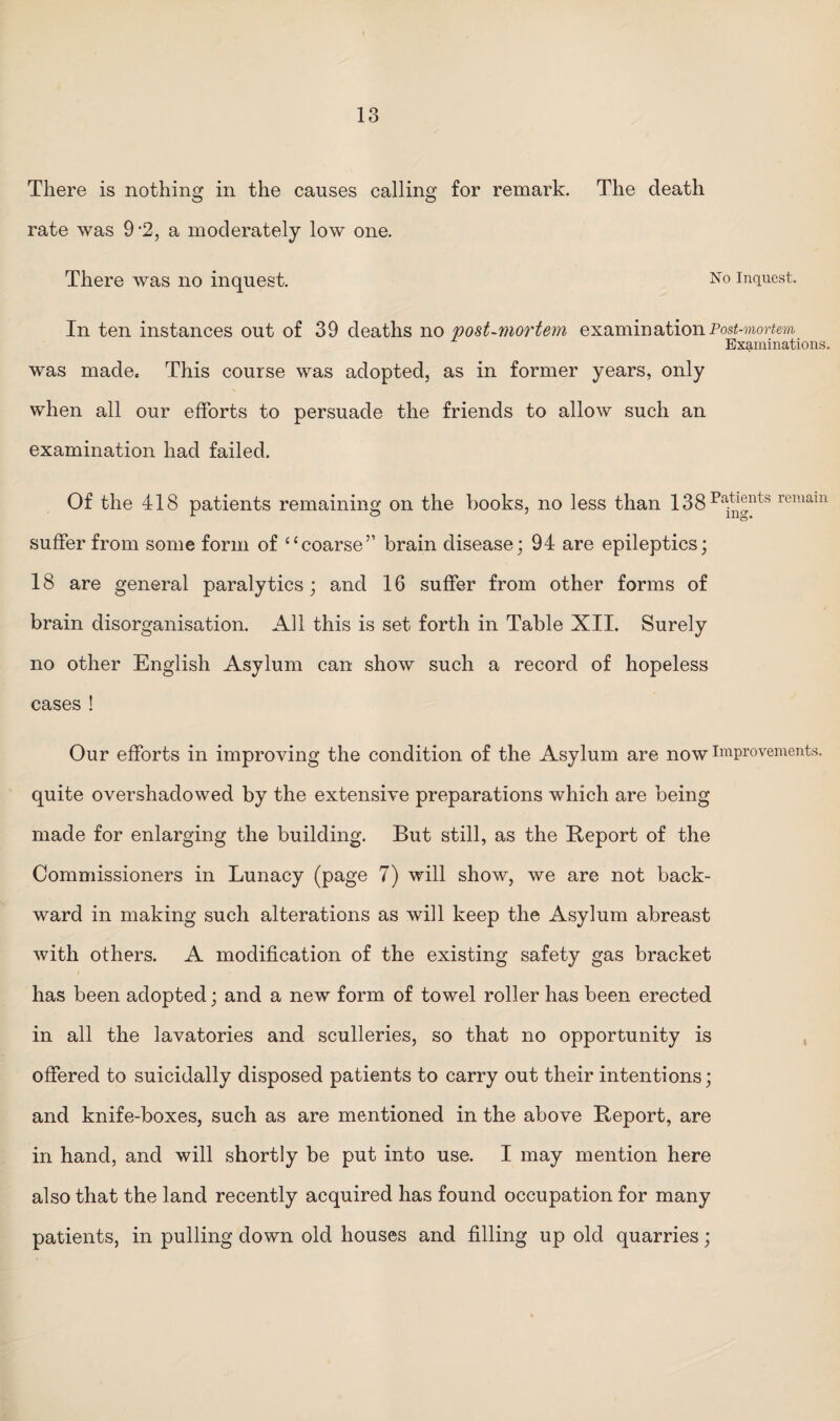 There is nothing in the causes calling for remark. The death rate was 9’2, a moderately low one. There was no inquest. No inquest. In ten instances out of 39 deaths wo post-mortem examin ation Post-mortem Examinations. was made. This course was adopted, as in former years, only when all our efforts to persuade the friends to allow such an examination had failed. Of the 418 patients remaining on the hooks, no less than 138 ^atien-ts remain suffer from some form of “coarse’1 brain disease; 94 are epileptics; 18 are general paralytics; and 16 suffer from other forms of brain disorganisation. All this is set forth in Table XII. Surely no other English Asylum can show such a record of hopeless cases ! Our efforts in improving the condition of the Asylum are now improvements, quite overshadowed by the extensive preparations which are being made for enlarging the building. But still, as the Beport of the Commissioners in Lunacy (page 7) will show, we are not back¬ ward in making such alterations as will keep the Asylum abreast with others. A modification of the existing safety gas bracket has been adopted; and a new form of towel roller has been erected in all the lavatories and sculleries, so that no opportunity is offered to suicidally disposed patients to carry out their intentions; and knife-boxes, such as are mentioned in the above Report, are in hand, and will shortly be put into use. I may mention here also that the land recently acquired has found occupation for many patients, in pulling down old houses and filling up old quarries;