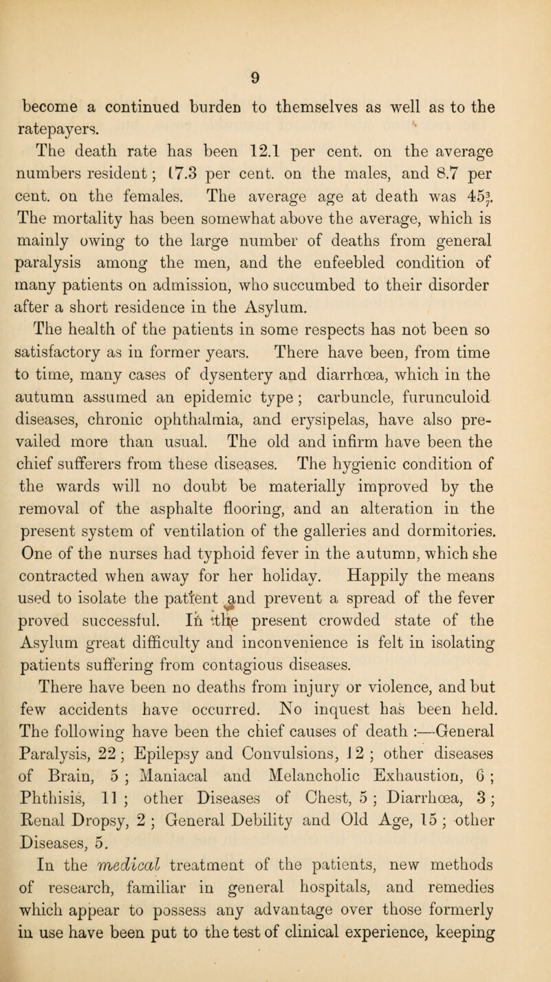 become a continued burden to themselves as well as to the ratepayers. The death rate has been 12.1 per cent, on the average numbers resident; 17.3 per cent, on the males, and 8.7 per cent, on the females. The average age at death was 45^. The mortality has been somewhat above the average, which is mainly owing to the large number of deaths from general paralysis among the men, and the enfeebled condition of many patients on admission, who succumbed to their disorder after a short residence in the Asylum. The health of the patients in some respects has not been so satisfactory as in former years. There have been, from time to time, many cases of dysentery and diarrhoea, which in the autumn assumed an epidemic type ; carbuncle, furunculoid diseases, chronic ophthalmia, and erysipelas, have also pre¬ vailed more than usual. The old and infirm have been the chief sufferers from these diseases. The hygienic condition of the wards will no doubt be materially improved by the removal of the asphalte flooring, and an alteration in the present system of ventilation of the galleries and dormitories. One of the nurses had typhoid fever in the autumn, which she contracted when away for her holiday. Happily the means used to isolate the patient and prevent a spread of the fever proved successful. Ih ddie present crowded state of the Asylum great difficulty and inconvenience is felt in isolating patients suffering from contagious diseases. There have been no deaths from injury or violence, and but few accidents have occurred. No inquest has been held. The following have been the chief causes of death :—General Paralysis, 22 ; Epilepsy and Convulsions, J 2 ; other diseases of Brain, 5 ; Maniacal and Melancholic Exhaustion, 6 ; Phthisis, 11 ; other Diseases of Chest, 5; Diarrhoea, 3; Renal Dropsy, 2 ; General Debility and Old Age, 15 ; other Diseases, 5. In the medical treatment of the patients, new methods of research, familiar in general hospitals, and remedies which appear to possess any advantage over those formerly in use have been put to the test of clinical experience, keeping