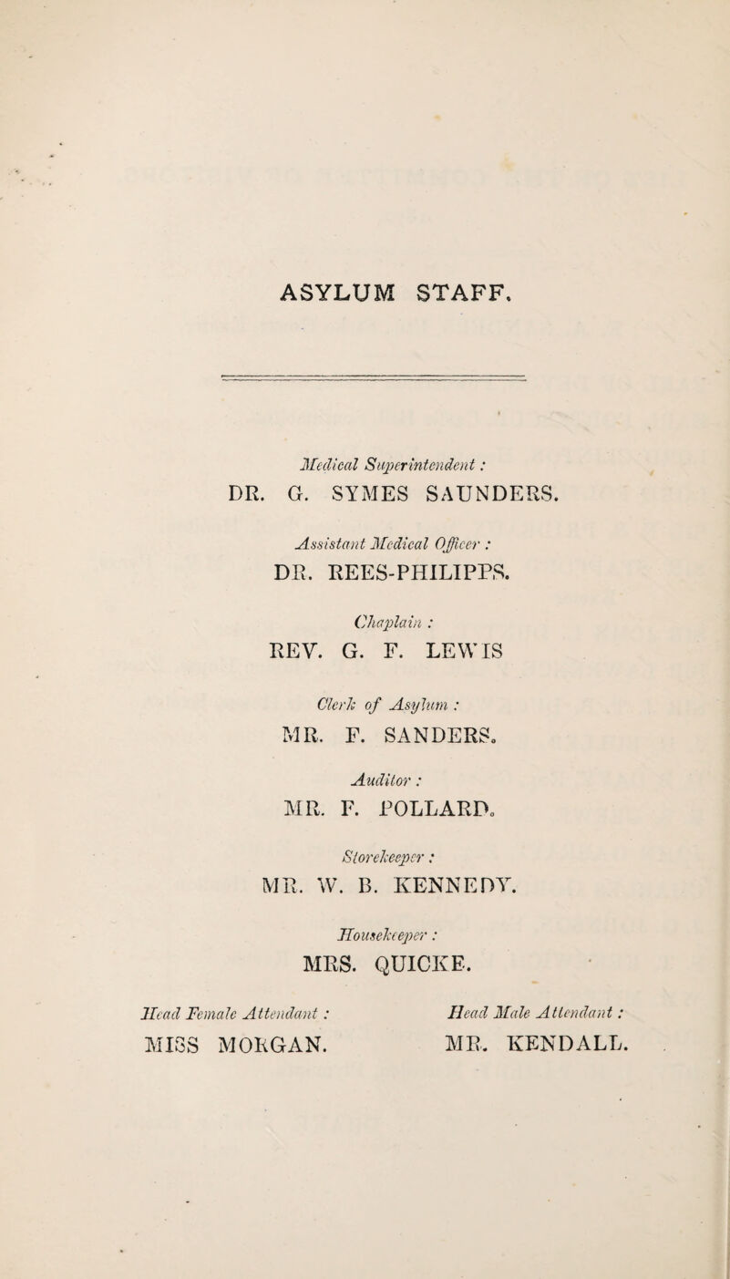 ASYLUM STAFF. Medical Superintendent: DR. G. SYMES SAUNDERS. Assistant Medical Officer : DR. REES-PHILIPPS. Chaplain : REV. G. F. LEWIS Cleric of Asylum : MR. F. SANDERS. Auditor: MR. F. POLLARD. Storekeeper: MR. W. B. KENNEDY. Housekeeper: MRS. QUICK E. Head Female Attendant: MISS MORGAN. Head Male Attendant: MR. KENDALL.