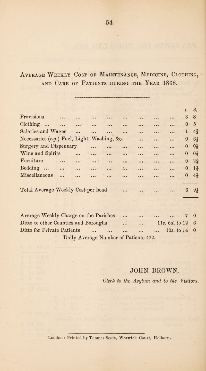 Average Weekly Cost of Maintenance, Medicine, Clothing, and Care of Patients during the Year 1868. Provisions «. . 3 00 Clothing ••• ••• ••• ••• ••• . 0 5 Salaries and Wages . . 1 4f Necessaries (e.g.) Fuel, Light, Washing, &c. . 0 6i Surgery and Dispensary . 0 Wine and Spirits .. . 0 0* Furniture . 0 2f Bedding ••• ••• ••• ••• ••• ••• . 0 n Miscellaneous . . 0 4£ Total Average Weekly Cost per head ••• ••• 6 n Average Weekly Charge on the Parishes . 7 0 Ditto to other Counties and Boroughs ... 11s. 6d to 12 6 Ditto for Private Patients . 10s. to 14 0 Daily Average Number of Patients 472. JOHN BROWN, Clerk to the Asylum and to the Visitors. London: Printed by Thomas Scott, Warwick Court, Holborn.