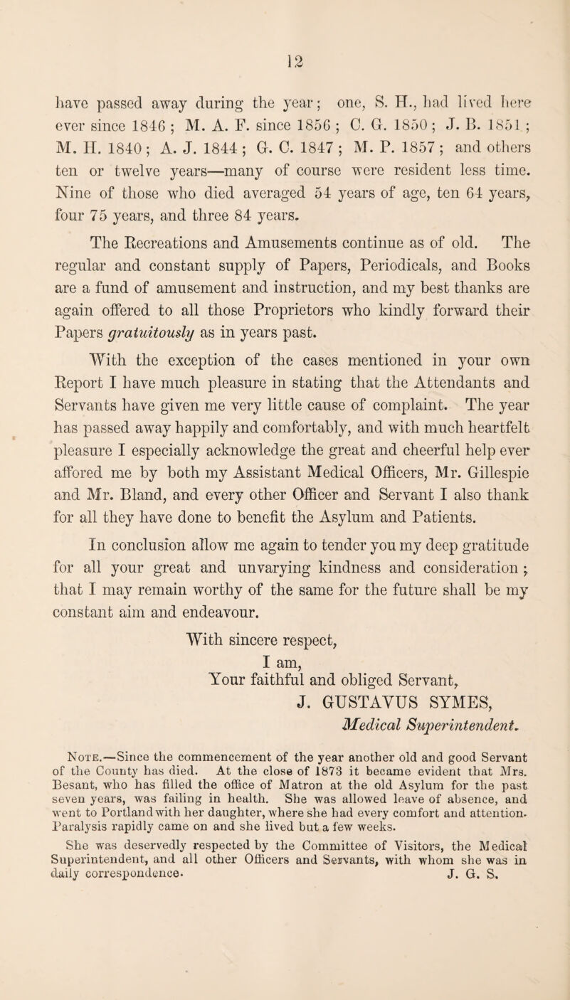 have passed away during the year; one, S. H., had lived here ever since 1846 ; M. A. F. since 1856 ; 0. G. 1850 ; J. B. 1851 ; M. H. 1840; A. J. 1844 ; G. C. 1847 ; M. P. 1857 ; and others ten or twelve years—many of course were resident less time. Nine of those who died averaged 54 years of age, ten 64 years, four 75 years, and three 84 years. The Recreations and Amusements continue as of old. The regular and constant supply of Papers, Periodicals, and Books are a fund of amusement and instruction, and my best thanks are again offered to all those Proprietors who kindly forward their Papers gratuitously as in years past. With the exception of the cases mentioned in your own Report I have much pleasure in stating that the Attendants and Servants have given me very little cause of complaint. The year has passed away happily and comfortably, and with much heartfelt pleasure I especially acknowledge the great and cheerful help ever affored me by both my Assistant Medical Officers, Mr. Gillespie and Mr. Bland, and every other Officer and Servant I also thank for all they have done to benefit the Asylum and Patients. In conclusion allow me again to tender you my deep gratitude for all your great and unvarying kindness and consideration • that I may remain worthy of the same for the future shall be my constant aim and endeavour. With sincere respect, I am, Your faithful and obliged Servant, J. GUSTAVUS SYMES, Medical Superintendent. Note.—Since the commencement of the year another old and good Servant of the County has died. At the close of 1873 it became evident that Mrs. Besant, who has filled the office of Matron at the old Asylum for the past seven years, was failing in health. She was allowed leave of absence, and went to Portland with her daughter, where she had every comfort and attention. Paralysis rapidly came on and she lived but a few weeks. She was deservedly respected by the Committee of Visitors, the Medical Superintendent, and all other Officers and Servants, with whom she was in daily correspondence- J. G. S.