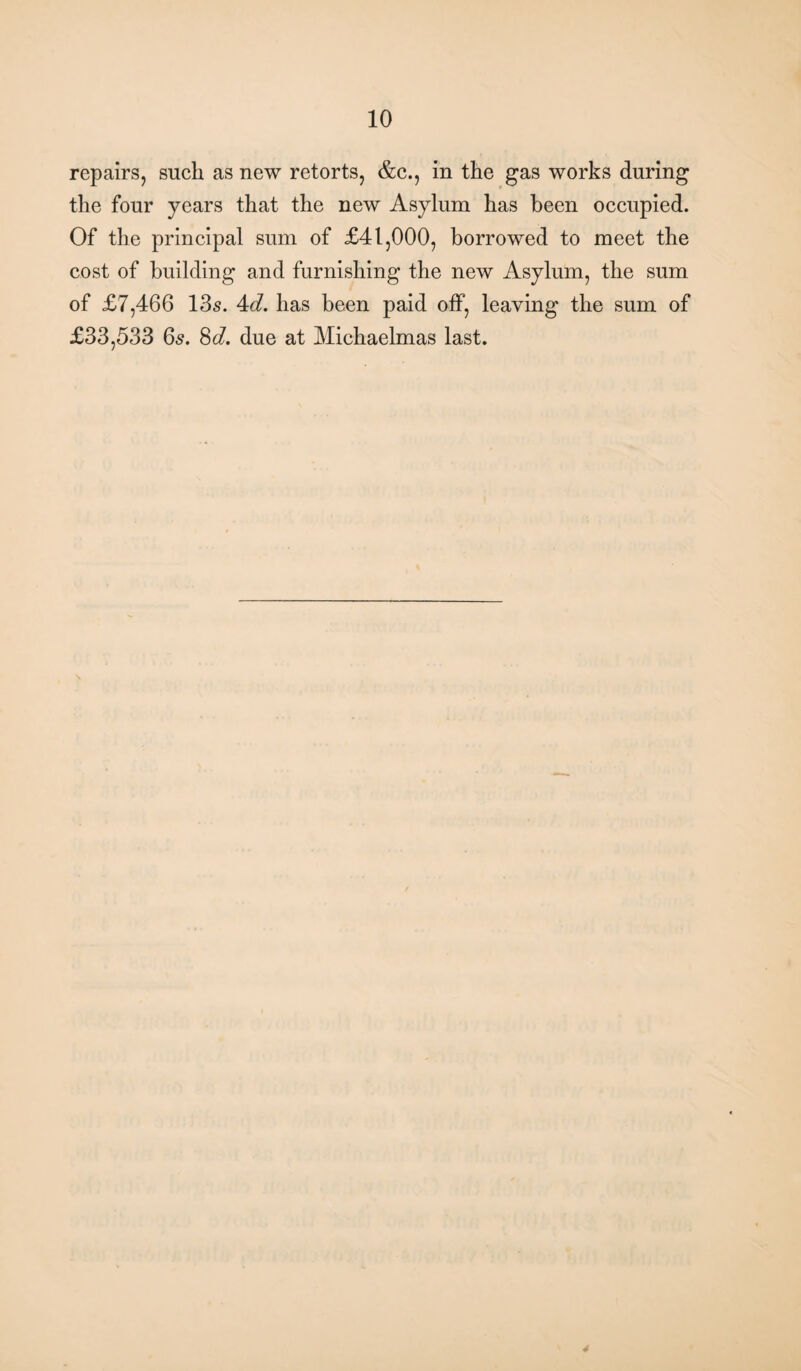 repairs, such as new retorts, &c., in the gas works during the four years that the new Asylum has been occupied. Of the principal sum of £41,000, borrowed to meet the cost of building and furnishing the new Asylum, the sum of £7,466 13s. 4d. has been paid off, leaving the sum of £33,533 6s. 8d. due at Michaelmas last.