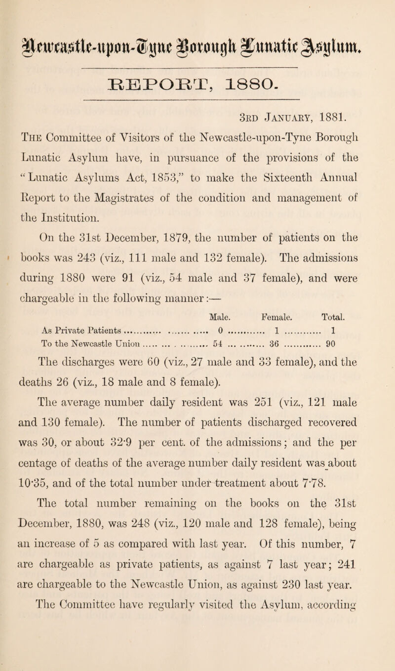 EEPOET, 1880. 3rd January, 1881. The Committee of Visitors of the Newcastle-upon-Tyne Borough Lunatic Asylum have, in pursuance of the provisions of the “Lunatic Asylums Act, 1853,” to make the Sixteenth Annual Report to the Magistrates of the condition and management of the Institution. On the 31st December, 1879, the number of patients on the books was 243 (viz., Ill male and 132 female). The admissions during 1880 were 91 (viz., 54 male and 37 female), and were chargeable in the following manner:— Male. Female. Total. As Private Patients. 0 . 1 . 1 To the Newcastle Union... 54 . 36 . 90 The discharges were 60 (viz., 27 male and 33 female), and the deaths 26 (viz., 18 male and 8 female). The average number daily resident was 251 (viz., 121 male and 130 female). The number of patients discharged recovered was 30, or about 32-9 per cent, of the admissions; and the per centage of deaths of the average number daily resident was about 10*35, and of the total number under treatment about 7*78. The total number remaining on the books on the 31st December, 1880, was 248 (viz., 120 male and 128 female), being an increase of 5 as compared with last year. Of this number, 7 are chargeable as private patients, as against 7 last year; 241 are chargeable to the Newcastle Union, as against 230 last year. The Committee have regularly visited the Asylum, according