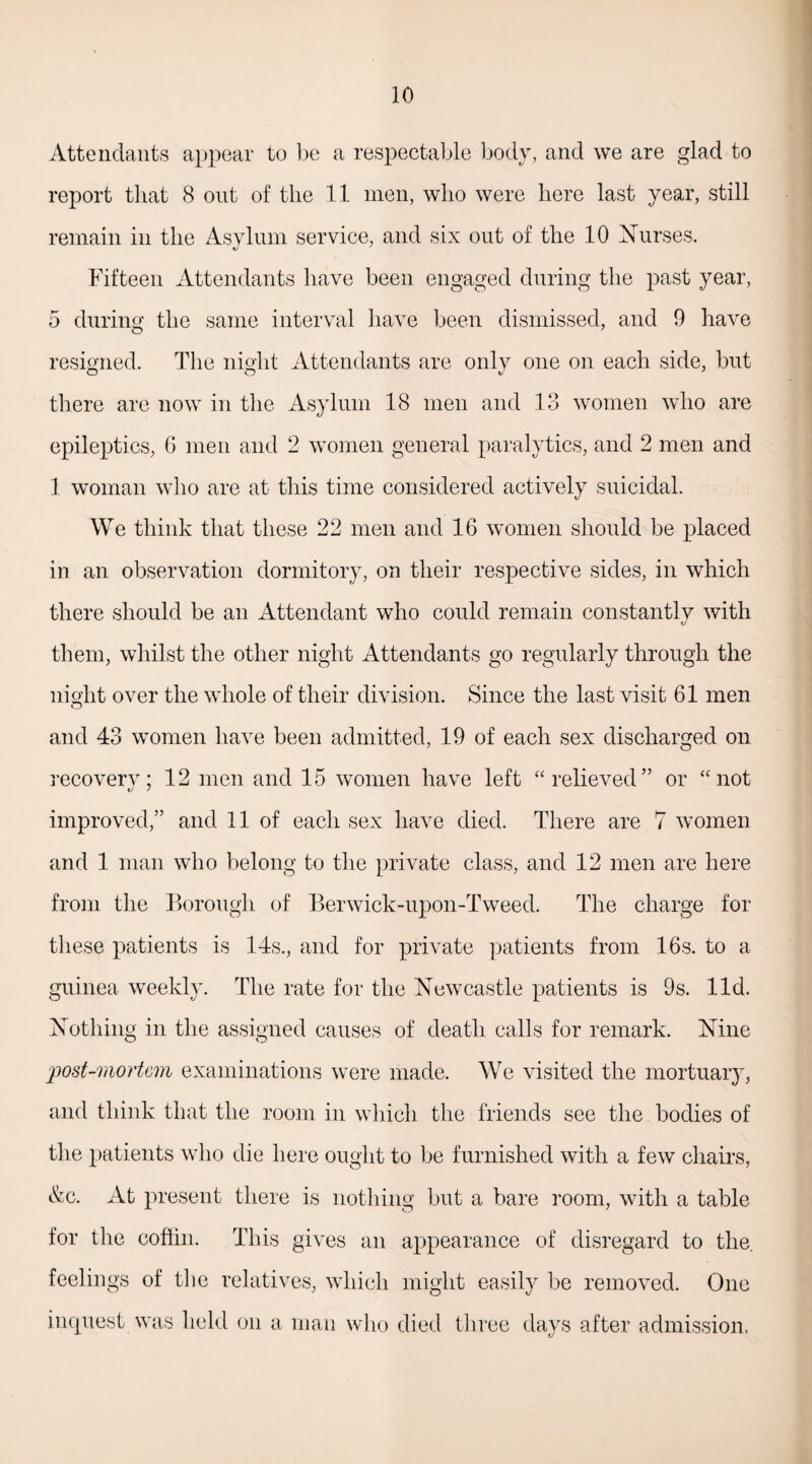 Attendants appear to be a respectable body, and we are glad to report that 8 out of the 11 men, who were here last year, still remain in the Asylum service, and six out of the 10 Nurses. Fifteen Attendants have been engaged during the past year, 5 during the same interval have been dismissed, and 9 have resigned. The night Attendants are onlv one on each side, but there are now in the Asylum 18 men and 13 women who are epileptics, 6 men and 2 women general paralytics, and 2 men and 1 woman who are at this time considered actively suicidal. We think that these 22 men and 16 women should be placed in an observation dormitory, on their respective sides, in which there should be an Attendant who could remain constantlv with t/ them, whilst the other night Attendants go regularly through the night over the whole of their division. Since the last visit 61 men and 43 women have been admitted, 19 of each sex discharged on recovery; 12 men and 15 women have left “relieved” or “not improved,” and 11 of each sex have died. There are 7 women and 1 man who belong to the private class, and 12 men are here from the Borough of Berwick-upon-Tweed. The charge for these patients is 14s., and for private patients from 16s. to a guinea weekly. The rate for the Newcastle patients is 9s. lid. Nothing in the assigned causes of death calls for remark. Nine post-mortem examinations were made. We visited the mortuary, and think that the room in which the friends see the bodies of the patients who die here ought to be furnished with a few chairs, &c. At present there is nothing but a bare room, with a table for the coffin. This gives an appearance of disregard to the. feelings of the relatives, which might easily be removed. One inquest was held on a man who died three days after admission.