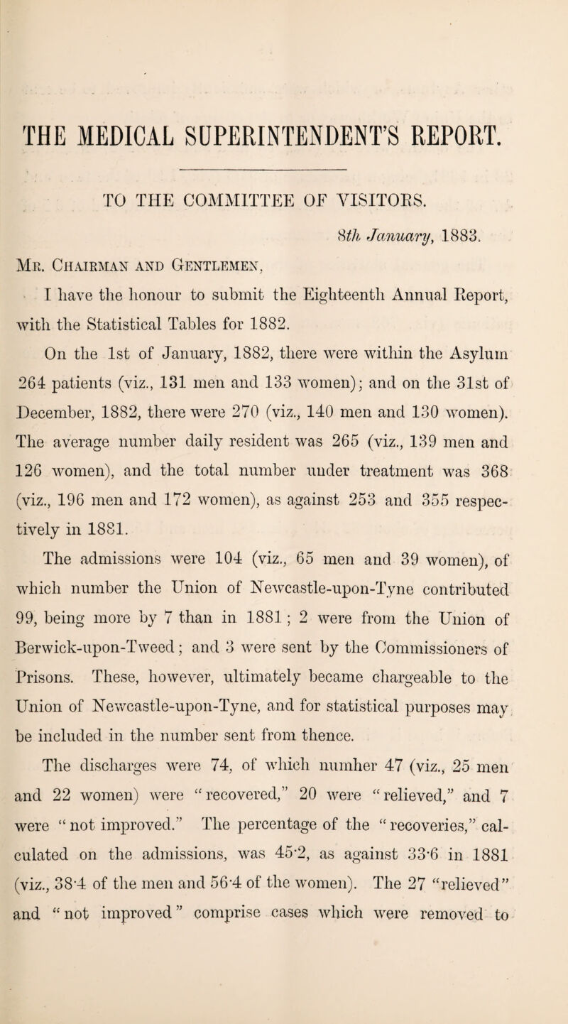 THE MEDICAL SUPERINTENDENT’S REPORT. TO THE COMMITTEE OF VISITORS. 8 th January, 1883. Me. Chairman and Gentlemen, T have the honour to submit the Eighteenth Annual Report, with the Statistical Tables for 1882. On the 1st of January, 1882, there were within the Asylum 264 patients (viz., 131 men and 133 women); and on the 31st of December, 1882, there were 270 (viz., 140 men and 130 women). The average number daily resident was 265 (viz., 139 men and 126 women), and the total number under treatment was 368 (viz., 196 men and 172 women), as against 253 and 355 respec¬ tively in 1881. The admissions were 104 (viz., 65 men and 39 women), of which number the Union of Newcastle-upon-Tyne contributed 99, being more by 7 than in 1881; 2 were from the Union of Berwick-upon-Tweed; and 3 were sent by the Commissioners of Prisons. These, however, ultimately became chargeable to the Union of Newcastle-upon-Tyne, and for statistical purposes may be included in the number sent from thence. The discharges were 74, of which numher 47 (viz., 25 men and 22 women) were “recovered,” 20 were “relieved,” and 7 were “ not improved.” The percentage of the “ recoveries,” cal¬ culated on the admissions, was 45-2, as against 33-6 in 1881 (viz., 384 of the men and 564 of the women). The 27 “relieved” and “not improved” comprise cases which were removed to