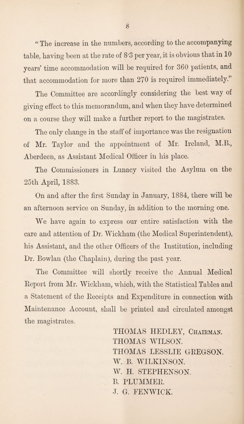 “ The increase in the numbers, according to the accompanying table, having been at the rate of 8*3 per year, it is obvious that in 10 years’ time accommodation will be required for 360 patients, and that accommodation for more than 270 is required immediately.’ The Committee are accordingly considering the best way of giving effect to this memorandum, and when they have determined on a course they will make a further report to the magistrates. The only change in the staff of importance was the resignation of Mr. Taylor and the appointment of Mr. Ireland, M.B., Aberdeen, as Assistant Medical Officer in his place. The Commissioners in Lunacy visited the Asylum on the 25th April, 1883. On and after the first Sunday in January, 1884, there will be an afternoon service on Sunday, in addition to the morning one. We have again to express our entire satisfaction with the care and attention of Dr. Wickham (the Medical Superintendent), his Assistant, and the other Officers of the Institution, including Dr. Bowlan (the Chaplain), during the past year. The Committee will shortly receive the Annual Medical Beport from Mr. Wickham, which, with the Statistical Tables and a Statement of the Beceipts and Expenditure in connection with Maintenance Account, shall be printed and circulated amongst the magistrates. THOMAS HEDLEY, Chairman. THOMAS WILSON. THOMAS LESSLIE GBEGfSON. W. B. WILKINSON. W. H. STEPHENSON. B. PLUMMEB. J. G. FENWICK.