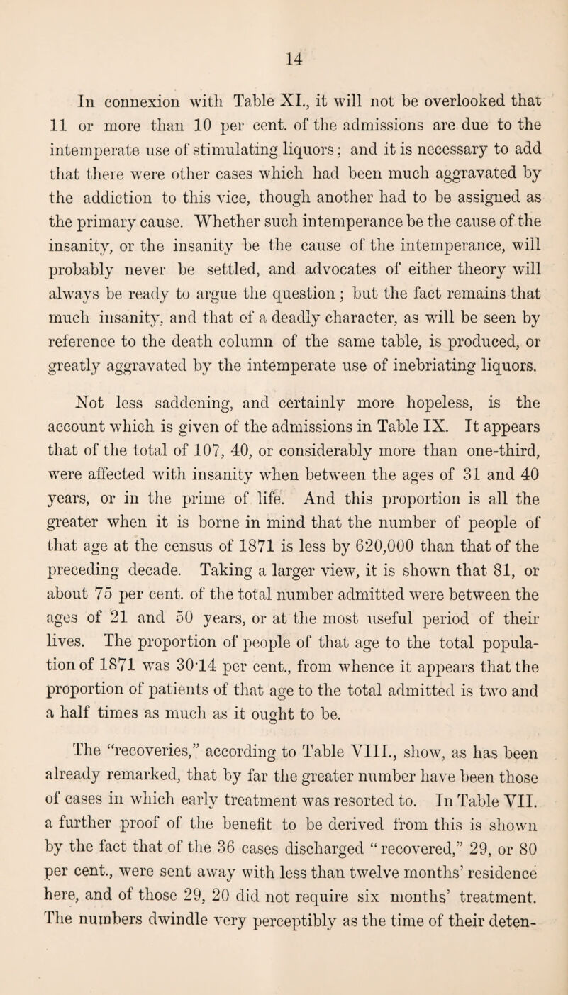 In connexion with Table XI., it will not be overlooked that 11 or more than 10 per cent, of the admissions are due to the intemperate use of stimulating liquors; and it is necessary to add that there were other cases which had been much aggravated by the addiction to this vice, though another had to be assigned as the primary cause. Whether such intemperance be the cause of the insanity, or the insanity be the cause of the intemperance, will probably never be settled, and advocates of either theory will always be ready to argue the question ; but the fact remains that much insanity, and that of a deadly character, as will be seen by reference to the death column of the same table, is produced, or greatly aggravated by the intemperate use of inebriating liquors. Not less saddening, and certainly more hopeless, is the account which is given of the admissions in Table IX. It appears that of the total of 107, 40, or considerably more than one-third, were affected with insanity when between the ages of 31 and 40 years, or in the prime of life. And this proportion is all the greater when it is borne in mind that the number of people of that age at the census of 1871 is less by 620,000 than that of the preceding decade. Taking a larger view, it is shown that 81, or about 75 per cent, of the total number admitted were between the ages of 21 and 50 years, or at the most useful period of their lives. The proportion of people of that age to the total popula¬ tion of 1S71 was 30T4 per cent., from whence it appears that the proportion of patients of that age to the total admitted is two and a half times as much as it ought to be. The “recoveries,” according to Table VIII., show, as has been already remarked, that by far the greater number have been those of cases in which early treatment was resorted to. In Table VII. a further proof of the benefit to be derived from this is shown by the fact that of the 36 cases discharged “recovered,” 29, or 80 per cent., were sent away with less than twelve months’ residence here, and of those 29, 20 did not require six months’ treatment. The numbers dwindle very perceptibly as the time of their deten-