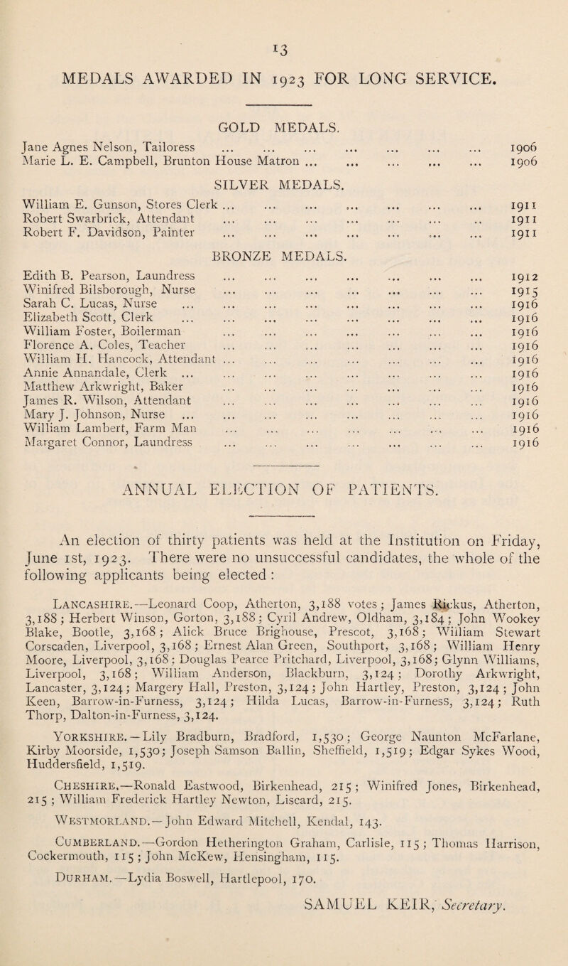MEDALS AWARDED IN 1923 FOR LONG SERVICE. GOLD MEDALS. Jane Agnes Nelson, Tailoress ... ... ... ... ... ... ... 1906 Marie L. E. Campbell, Brunton House Matron ... ... ... ... ... 1906 SILVER MEDALS. William E. Gunson, Stores Clerk ... ... ... ... ... ... ... 1911 Robert Swarbrick, Attendant ... ... ... ... ... ... .. 1911 Robert F. Davidson, Painter ... ... ... ... ... ... 1911 BRONZE MEDALS. Edith B. Pearson, Laundress ... ... ... ... ... ... ... 1912 Winifred Bilsborough, Nurse ... ... ... ... ... ... ... 1915 Sarah C. Lucas, Nurse ... ... ... ... ... ... ... ... 1916 Elizabeth Scott, Clerk ... ... ... ... ... ... ... ... 1916 William Foster, Boiler man ... ... ... ... ... ... ... 1916 Florence A. Coles, Teacher ... ... ... ... ... ... ... 1916 William H. Flancock, Attendant ... ... ... ... ... ... ... 1916 Annie Annandale, Clerk ... ... ... ... ... ... ... ... 1916 Matthew Arkwright, Baker ... ... ... ... ... ... ... 1916 James R. Wilson, Attendant ... ... ... ... ... ... ... 1916 Mary J. Johnson, Nurse ... ... ... ... ... ... ... ... 1916 William Lambert, Farm Man ... ... ... ... ... ... ... 1916 Margaret Connor, Laundress ... ... ... ... ... ... ... 1916 ANNUAL ELECTION OF PATIENTS. An election of thirty patients was held at the Institution on Friday, June 1st, 1923. There were no unsuccessful candidates, the whole of the following applicants being elected : Lancashire.—Leonard Coop, Atherton, 3,188 votes; James Rickus, Atherton, 3,188; Herbert Winson, Gorton, 3,188; Cyril Andrew, Oldham, 3,184; John Wookey Blake, Bootle, 3,168; Alick Bruce Brighouse, Prescot, 3,168; William Stewart Corscaden, Liverpool, 3,168; Ernest Alan Green, Southport, 3,168; William Henry Moore, Liverpool, 3,168; Douglas Pearce Pritchard, Liverpool, 3,168; Glynn Williams, Liverpool, 3,168; William Anderson, Blackburn, 3,124; Dorothy Arkwright, Lancaster, 3,124; Margery Hall, Preston, 3,124; John Hartley, Preston, 3,124; John Keen, Barrow-in-Furness, 3,124; Hilda Lucas, Barrow-in-FurnesS, 3,124; Ruth Thorp, Dalton-in-Furness, 3,124. Yorkshire.— Lily Bradburn, Bradford, 1,530; George Naunton McFarlane, Kirby Moorside, 1,530; Joseph Samson Ballin, .Sheffield, 1,519; Edgar Sykes Wood, Huddersfield, 1,519. Cheshire.—Ronald Eastwood, Birkenhead, 215 ; Winifred Jones, Birkenhead, 215 ; William Frederick Flartley Newton, Liscard, 215. Westmorland. —John Edward Mitchell, Kendal, 143. Cumberland.—Gordon Hetherington Graham, Carlisle, 115 ; Thomas Harrison, Cockermouth, 115 ; John McKew, Herisingham, 115. Durham.—Lydia Boswell, Hartlepool, 170.