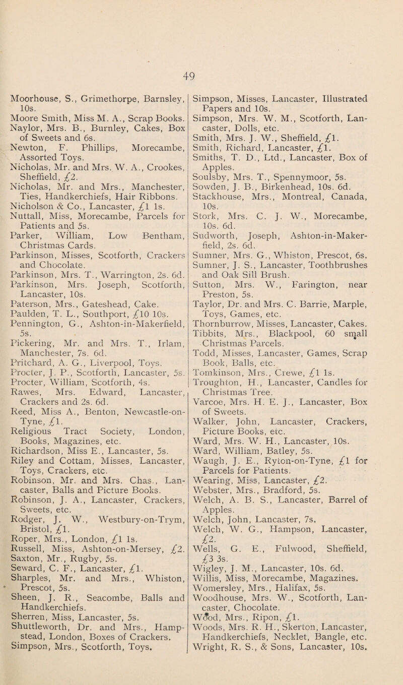 Moorhouse, S., Grimethorpe, Barnsley, 10s. Moore Smith, Miss M. A., Scrap Books. Naylor, Mrs. B., Burnley, Cakes, Box of Sweets and 6s. Newton, F. Phillips, Morecambe, Assorted Toys. Nicholas, Mr. and Mrs. W. A., Crookes, Sheffield, £2. Nicholas, Mr. and Mrs., Manchester, Ties, Handkerchiefs, Hair Ribbons. Nicholson & Co., Lancaster, £l Is. Nuttall, Miss, Morecambe, Parcels for Patients and 5s. Parker, William, Low Bentham, Christmas Cards. Parkinson, Misses, Scotforth, Crackers and Chocolate. Parkinson, Mrs. T., Warrington, 2s. 6d. Parkinson, Mrs. Joseph, Scotforth, Lancaster, 10s. Paterson, Mrs., Gateshead, Cake. Paulden, T. L., Southport, £10 10s. Pennington, G., Ashton-in-Makeiffield, 5s. Pickering, Mr. and Mrs. T., Irlam, Manchester, 7s. 6d. Pritchard, A. G., Liverpool, Toys. Procter, J. P., Scotforth, Lancaster, 5s. Procter, William, Scotforth, 4s. Rawes, Mrs. Edward, Lancaster, Crackers and 2s. 6d. Reed, Miss A., Benton, Newcastle-on- Tyne, £l. Religious Tract Society, London, Books, Magazines, etc. Richardson, Miss E., Lancaster, 5s. Riley and Cottam, Misses, Lancaster, Toys, Crackers, etc. Robinson, Mr. and Mrs. Chas., Lan¬ caster, Balls and Picture Books. Robinson, J. A., Lancaster, Crackers, Sweets, etc. Rodger, J. W., Westbury-on-Trym, Bristol, £l. Roper, Mrs., London, £l Is. Russell, Miss, Ashton-on-Mersey, £2. Saxton, Mr,, Rugby, 5s. Seward, C. F., Lancaster, £l. Sharpies, Mr. and Mrs., Whiston, Prescot, 5s. Sheen, J. R., Seacombe, Balls and Handkerchiefs. Sherren, Miss, Lancaster, 5s. Shuttleworth, Dr. and Mrs., Hamp¬ stead, London, Boxes of Crackers. Simpson, Mrs., Scotforth, Toys. Simpson, Misses, Lancaster, Illustrated Papers and 10s. Simpson, Mrs. W. M., Scotforth, Lan¬ caster, Dolls, etc. Smith, Mrs. J. W., Sheffield, £l. Smith, Richard, Lancaster, £l. Smiths, T. D., Ltd., Lancaster, Box of Apples. Soulsby, Mrs. T., Spennymoor, 5s. Sowden, J. B., Birkenhead, 10s. 6d. Stackhouse, Mrs., Montreal, Canada, 10s. Stork, Mrs. C. j. W., Morecambe, 10s. 6d. Sudworth, Joseph, Ashton-in-Maker- field, 2s. 6cl. Sumner, Mrs. G., Whiston, Prescot, 6s. Sumner, J. S., Lancaster, Toothbrushes and Oak Sill Brush. Sutton, Mrs. W., Farington, near Preston, 5s. Taylor, Dr. and Mrs. C. Barrie, Marple, Toys, Games, etc. Thornburrow, Misses, Lancaster, Cakes. Tibbits, Mrs., Blackpool, 60 small Christmas Parcels. Todd, Misses, Lancaster, Games, Scrap Book, Balls, etc. Tomkinson, Mrs., Crewe, £l Is. Troughion, H., Lancaster, Candles for Christmas Tree. Varcoe, Mrs. H. E. J., Lancaster, Box of Sweets. Walker, John, Lancaster, Crackers, Picture Books, etc. Ward, Mrs. W. H., Lancaster, 10s. Ward, William, Batley, 5s. Waugh, J. E., Rylon-on-Tyne, £l for Parcels for Patients. Wearing, Miss, Lancaster, £2. Webster, Mrs., Bradford, 5s. Welch, A. B. S., Lancaster, Barrel of Apples. Welch, John, Lancaster, 7s. Welch, W. G., Hampson, Lancaster, £’• Wells, G. E., Fulwood, Sheffield, £2 3s. Wigley, J. M., Lancaster, 10s. 6d. Willis, Miss, Morecambe, Magazines. Womersley, Mrs., Halifax, 5s. Woodhouse, Mrs. W., Scotforth, Lan¬ caster, Chocolate. W(?od, Mrs., Ripon, £\. Woods, Mrs. R. H., Skerton, Lancaster, Handkerchiefs, Necklet, Bangle, etc. Wright, R. S., & Sons, Lancaster, 10s.