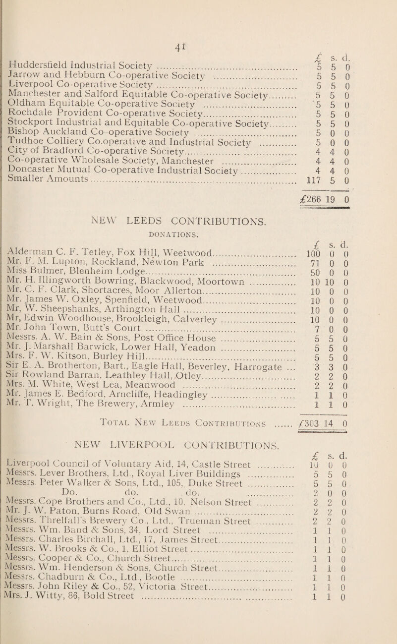 4* £ s. cl. Huddersfield industrial Society. 5 5 0 Jarrow and Hebburn Co-operative Society . 5 5 0 Liverpool Co-operative Society. 5 5 0 Manchester and Salford Equitable Co-operative Society. 5 5 0 Oldham Equitable Co-operative Society . '5 5 0 Rochdale Provident Co-operative Society. 5 5 0 Stockport Industrial and Equitable Co-operative Society. 5 5 0 Bishop Auckland Co-operative Society . 5 0 0 Tudhoe Colliery Co-operative and Industrial Society . 5 0 0 City of Bradford Co-operative Society. 4 4 0 Co-operative Wholesale Society, Manchester . 4 4 0 Doncaster Mutual Co-operative Industrial Society. 4 4 0 Smaller Amounts. 117 5 0 /266 19 0 NEW LEEDS CONTRIBUTIONS. DONATIONS. £ s. d. Alderman C. F. Tetley, Fox Hill, Weetwood.. 100 0 0 Mr. F. M. Lupton, Rockland, Newton Park . 71 0 0 Miss Bulmer, Blenheim Lodge. 50 0 0 Mr. H. Illingworth Bowring, Blackwood, Moortown . 10 10 0 Mr. C. F. Clark, Shortacres, Moor Allerton. 10 0 0 Mr. James W. Oxley, Spenfield, Weetwood. 10 0 0 Mr, YV. Sheepshanks, Arthington Hall. 10 0 0 Mr, Edwin Woodhouse, Brookleigh, Calverley. 10 0 0 Mr. John Town, Butt’s Court . 7 0 0 Messrs. A. W. Bain & Sons, Post Office House . 5 5 0 Mr. J. Marshall Barwick, Lower Hall, Yeadon . 5 5 0 Mrs. F. W. Kitson, Burley Hill. 5 5 0 Sir E. A. Brotherton, Bart., Eagle Hall, Beverley, Harrogate ... 3 3 0 Sir Rowland Barran, Leathley Hall, Otley.‘. 2 2 0 Mrs. M. White, West Lea, Meanwood . 2 2 0 Mr. James E. Bedford, Arncliffe, Headingley. 1 1 0 Mr. T. Wright, The Brewery, Armley . 1 l 0 Total New Leeds Contributions . /303 14 0 NEW LIVERPOOL CONTRIBUTIONS. £ s. d. Liverpool Council of Voluntary Aid, 14, Castle Street . 10 0 0 Messrs. Lever Brothers, Ltd., Royal Liver Buildings . 5 5 0 Messrs. Peter Walker & Sons, Ltd., 105,. Duke Street . 5 5 0 Do. do. do. 2 0 0 Messrs. Cope Brothers and Co., Ltd., 10. Nelson Street . 2 2 0 Mr. J. W. Baton, Burns Road, Old Swan.1. 2 2 0 Messrs. Threlfall’s Brewery Co., Ltd., Trueman Street . 2 2 0 Messrs. Win. Band & Sons, 34, Lord Street . 1 1 0 Messrs. Charles Birchall, Ltd., 17, James Street. 1 J 0 Messrs. W. Brooks & Co., 1, Elliot Street. 1 1 0 Messrs. Cooper <& Co., Church Street. 110 Messrs. Wm. Henderson & Sons, Church Street. 110 Messrs. Chadburn & Co., Ltd., Bootle . 1 1 0 1 Messrs. John Riley & Co., 52, Victoria Street. 1 1 0