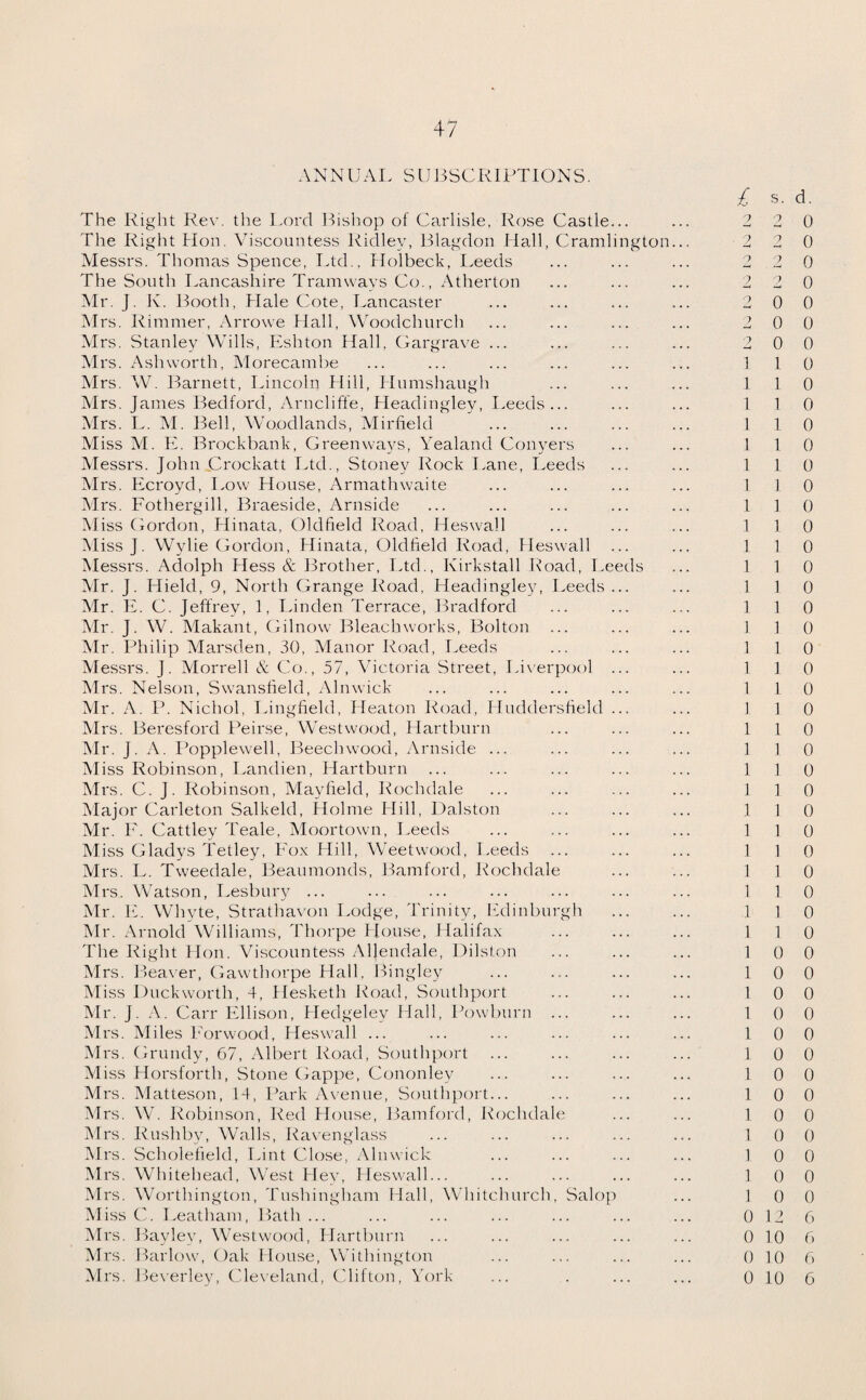 ANNUAL SUBSCRIPTIONS. The Right Rev. the Lord Bishop of Carlisle, Rose Castle... The Right Hon. Viscountess Ridley, Blagdon Hall, Cramlington Messrs. Thomas Spence, Ltd., Holbeck, Leeds The South Lancashire Tramways Co., Atherton Mr. J. K. Booth, Hale Cote, Lancaster Mrs. Rimmer, Arrowe Hall, Woodchurch Mrs. Stanley Wills, Eshton Hall, Gargrave ... Mrs. Ash worth, Morecambe Mrs. W. Barnett, Lincoln Hill, ITumshaugh M rs. James Bedford, Arncliffe, Headingley, Leeds... Mrs. L. M. Bell, Woodlands, Mirfield M iss VI. E. Brockbank, Greenways, Yealand Conyers Messrs. John Crockatt Ltd., Stoney Rock Lane, Leeds Mrs. Ecroyd, Low House, Armathwaite Mrs. Fothergill, Braeside, Arnside IMiss Gordon, Hinata, Oldfield Road, Heswall VlissJ. Wylie Gordon, Hinata, Oldfield Road, Heswall ... Messrs. Adolph Hess & Brother, Ltd., Ivirkstall Road, Leeds Mr. J. Hield, 9, North Grange Road, Headingley, Leeds ... Mr. E. C. Jeffrey, 1, Linden Terrace, Bradford Mr. J. W. Makant, Gilnow Bleach works, Bolton Mr. Philip Marsden, 30, Manor Road, Leeds M essrs. J. Morrell & Co., 57, Victoria Street, Liverpool ... Mrs. Nelson, Swansfield, Alnwick VIr. A. P. Nichol, Lingfield, Heaton Road, Huddersfield ... Mrs. Beresford Peirse, Westwood, Hartburn VIr. J. A. Popplewell, Beecbwood, Arnside ... Vliss Robinson, Landien, Hartburn ... Mrs. C. J. Robinson, Mayfield, Rochdale Major Carleton Salkeld, Holme Hill, Dalston VIr. F. Cattley Teale, Moortown, Leeds Vliss Gladys Tetley, Fox Hill, Weetwood, Leeds Mrs. L. Tweedale, Beaumonds, Bamford, Rochdale Mrs. Watson, Lesbury ... Mr. E. Whyte, Strathavon Lodge, Trinity, Edinburgh Mr. Arnold Williams, Thorpe House, Halifax The Right Hon. Viscountess Allendale, Dilston Mrs. Beaver, Gawthorpe Hall, Bingley Miss Duckworth, 4, Hesketh Road, Southport VIr. J. A. Carr Ellison, Hedgeley Hall, Powburn ... Mrs. Miles Eorwood, Heswall ... Mrs. Grundy, 67, Albert Road, Southport M iss Horsforth, Stone Gappe, Cononley Mrs. Matteson, 14, Park Avenue, Southport... Mrs. W. Robinson, Red House, Bamford, Rochdale Mrs. Rushby, Walls, Ravenglass Mrs. Scliolefield, Lint Close, Alnwick Mrs. Whitehead, West Hey, Heswall... M rs. Worthington, Tushingham Hall, Whitchurch, Salop Miss C. Leatham, Bath ... Mrs. Bayley, Westwood, Hartburn Mrs. Barlow, Oak House, Withington Mrs. Beverley, Cleveland, Clifton, York L s. d. 2 2 0 2 2 0 2 2 0 2 2 0 2 0 0 2 0 0 2 0 0 1 1 0 1 1 0 1 1 0 1 1 0 1 1 0 1 1 0 1 1 0 1 1 0 1 1 0 1 1 0 1 1 0 1 1 0 1 1 0 1 1 0 1 1 0 1 1 0 1 1 0 1 1 0 1 1 0 1 1 0 1 1 0 1 1 0 1 1 0 1 1 0 1 1 0 1 1 0 1 1 0 1 1 0 1 1 0 1 0 0 1 0 0 1 0 0 1 0 0 1 0 0 1 0 0 1 0 0 1 0 0 1 0 0 1 0 0 1 0 0 1 0 0 1 0 0 0 12 6 0 10 6 0 10 6 0 10 6