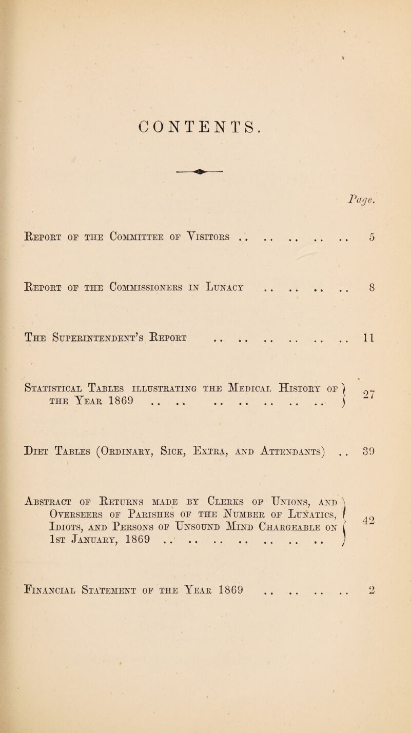 CONTENTS, Repoet oe the Committee of Yisitoes o Repoet of the Commissionees in Lunacy . 8 The Supeeintendent’s Repoet . 11 Statistical Tables illusteating- the Medical Histoey of | the Yeae 1869 .. .. . ) Diet Taeles (Oedinaey, Sice, Extea, and Attendants) . . 39 Absteact of Returns made by Cleeks of Unions, and \ Oyeeseees of Paeishes of the Yumbee of Lunatics, ! Idiots, and Peesons of Unsound Mind Chaegeable on l 1st Januaey, 1869 . j Einancial Statement of the Yeae 1869 9,