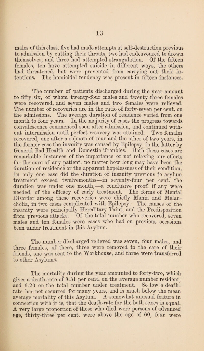 males of this class, five had made attempts at self-destruction previous to admission by cutting their throats, two had endeavoured to drown themselves, and three had attempted strangulation. Of the fifteen females, ten have attempted suicide in different ways, the others had threatened, but were prevented from carrying out their in¬ tentions. The homicidal tendency was present in fifteen instances. The number of patients discharged during the year amount to fifty-six, of whom twenty-four males and twenty-three females were recovered, and seven males and two females were relieved. The number of recoveries are in the ratio of forty-seven per cent, on the admissions. The average duration of residence varied from one month to four years. In the majority of cases the progress towards convalescence commenced soon after admission, and continued with¬ out intermission until perfect recovery was attained. Two females recovered, one after a sojourn of four and the other of two years, in the former case the insanity was caused by Epilepsy, in the latter by General Bad Health and Domestic Troubles. Both these cases are remarkable instances of the importance of not relaxing our efforts for the cure of any patient, no matter how long may have been the duration of residence or the apparent hopelessness of their condition. In only one case did the duration of insanity previous to asylum treatment exceed twelvemonths—in seventy-four per cent, the duration was under one month,—a conclusive proof, if any were needed, of the efficacy of early treatment. The forms of Mental Disorder among these recoveries were chiefly Mania and Melan¬ cholia, in two cases complicated with Epilepsy. The causes of the insanity were principally Hereditary Taint, and the Predisposition from previous attacks. Of the total number who recovered, seven males and ten females were cases who had on previous occasions been under treatment in this Asylum. The number discharged relieved was seven, four males, and three females, of these, three were removed to the care of their friends, one was sent to the Workhouse, and three were transferred to other Asylums. The mortality during the year amounted to forty-two, which gives a death-rate of 8.31 per cent, on the average number resident, and 6.20 on the total number under treatment. So low a death- rate has not occurred for many years, and is much below the mean average mortality of this Asylum. A somewhat unusual feature in connection with it is, that the death-rate for the both sexes is equal. A very large proportion of those who died were persons of advanced age, thirty-three per cent, were above the age of 60, four were