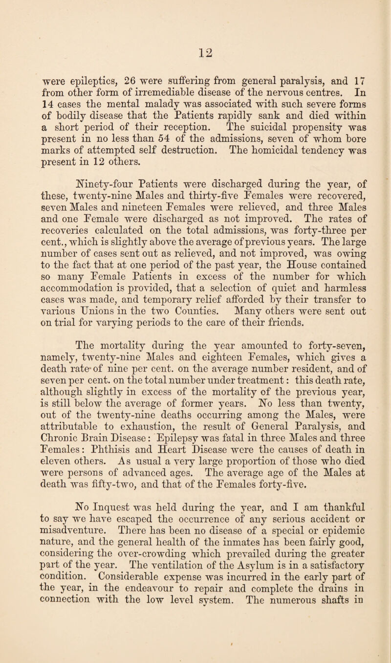 were epileptics, 26 were suffering from general paralysis, and 17 from other form of irremediable disease of the nervous centres. In 14 cases the mental malady was associated with such severe forms of bodily disease that the Patients rapidly sank and died within a short period of their reception. The suicidal propensity was present in no less than 54 of the admissions, seven of whom bore marks of attempted self destruction. The homicidal tendency was present in 12 others. Ninety-four Patients were discharged during the year, of these, twenty-nine Males and thirty-five Females were recovered, seven Males and nineteen Females were relieved, and three Males and one Female were discharged as not improved. The rates of recoveries calculated on the total admissions, was forty-three per cent., which is slightly above the average of previous years. The large number of cases sent out as relieved, and not improved, was owing to the fact that at one period of the past year, the House contained so many Female Patients in excess of the number for which accommodation is provided, that a selection of quiet and harmless cases was made, and temporary relief afforded by their transfer to various Unions in the two Counties. Many others were sent out on trial for varying periods to the care of their friends. The mortality during the year amounted to forty-seven, namely, twenty-nine Males and eighteen Females, which gives a death rate- of nine per cent, on the average number resident, and of seven per cent, on the total number under treatment: this death rate, although slightly in excess of the mortality of the previous year, is still below the average of former years. No less than twenty, out of the twenty-nine deaths occurring among the Males, were attributable to exhaustion, the result of General Paralysis, and Chronic Train Disease: Epilepsy was fatal in three Males and three Females: Phthisis and Heart Disease were the causes of death in eleven others. As usual a very large proportion of those who died were persons of advanced ages. The average age of the Males at death was fifty-two, and that of the Females forty-five. No Inquest was held during the year, and I am thankful to say we have escaped the occurrence of any serious accident or misadventure. There has been no disease of a special or epidemic nature, and the general health of the inmates has been fairly good, considering the over-crowding which prevailed during the greater part of the year. The ventilation of the Asylum is in a satisfactory condition. Considerable expense was incurred in the early part of the year, in the endeavour to repair and complete the drains in connection with the low level system. The numerous shafts in